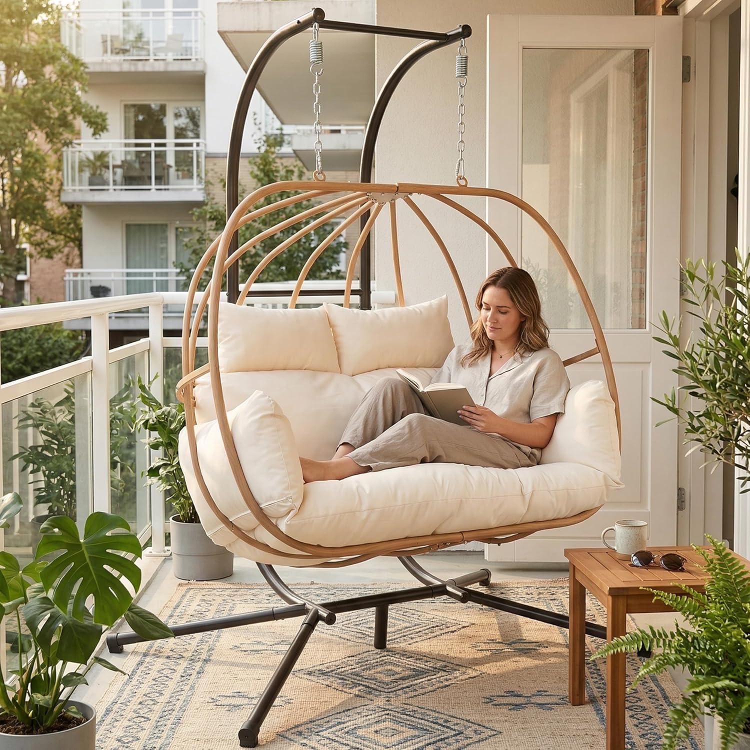 Hanging Chairs with Stand, All Weather Double Egg Chair Outdoor, Metal Hanging Egg Chairs Outdoor, 2 Person Oversized Swing Egg Chair, Modern Balcony Basket Loveseat for Indoor/Deck, Beige