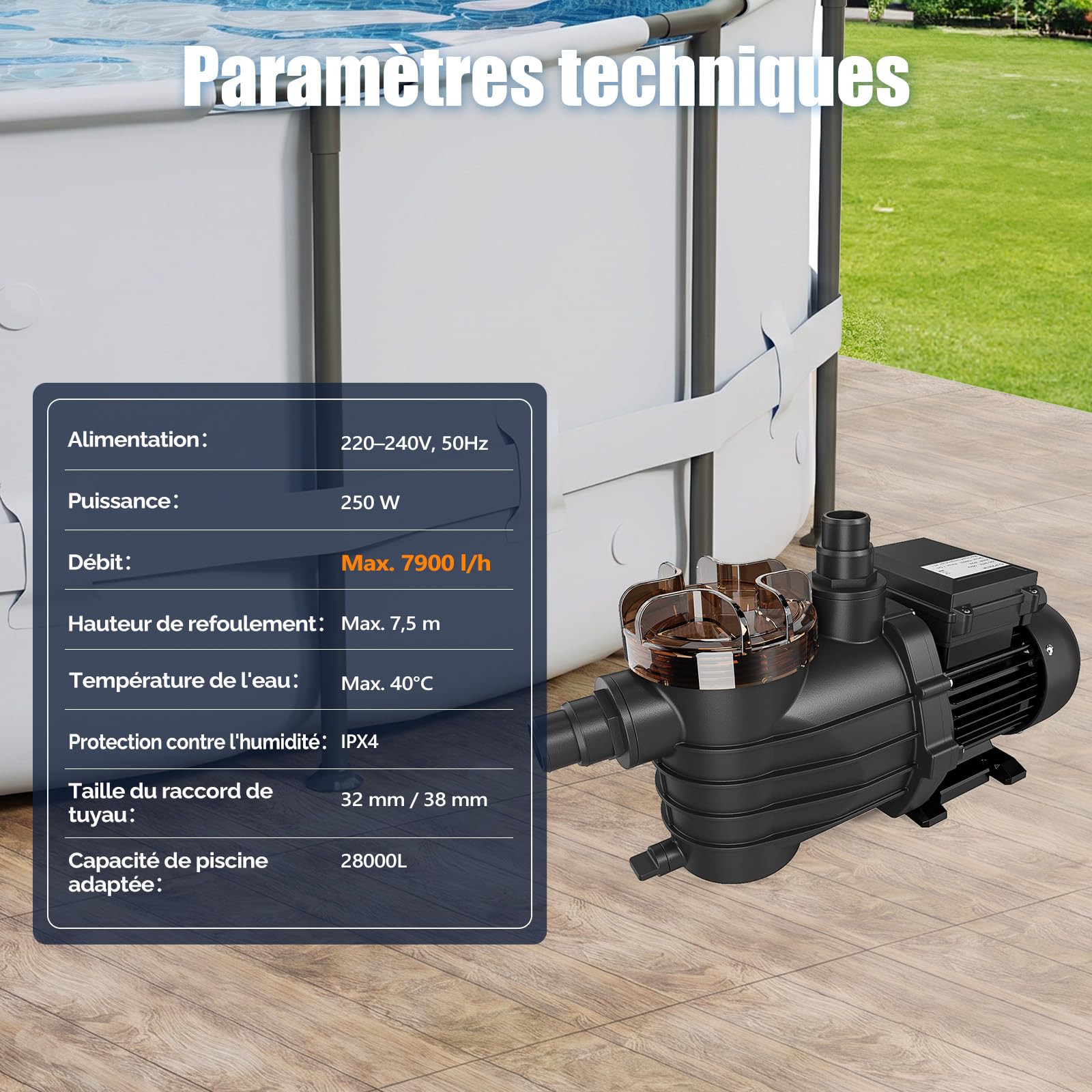 LEADZM Pompe piscine 30 m³, 250 W, 7,9 m³/h, Pompe filtration piscine hors sol pour système de filtration à sable