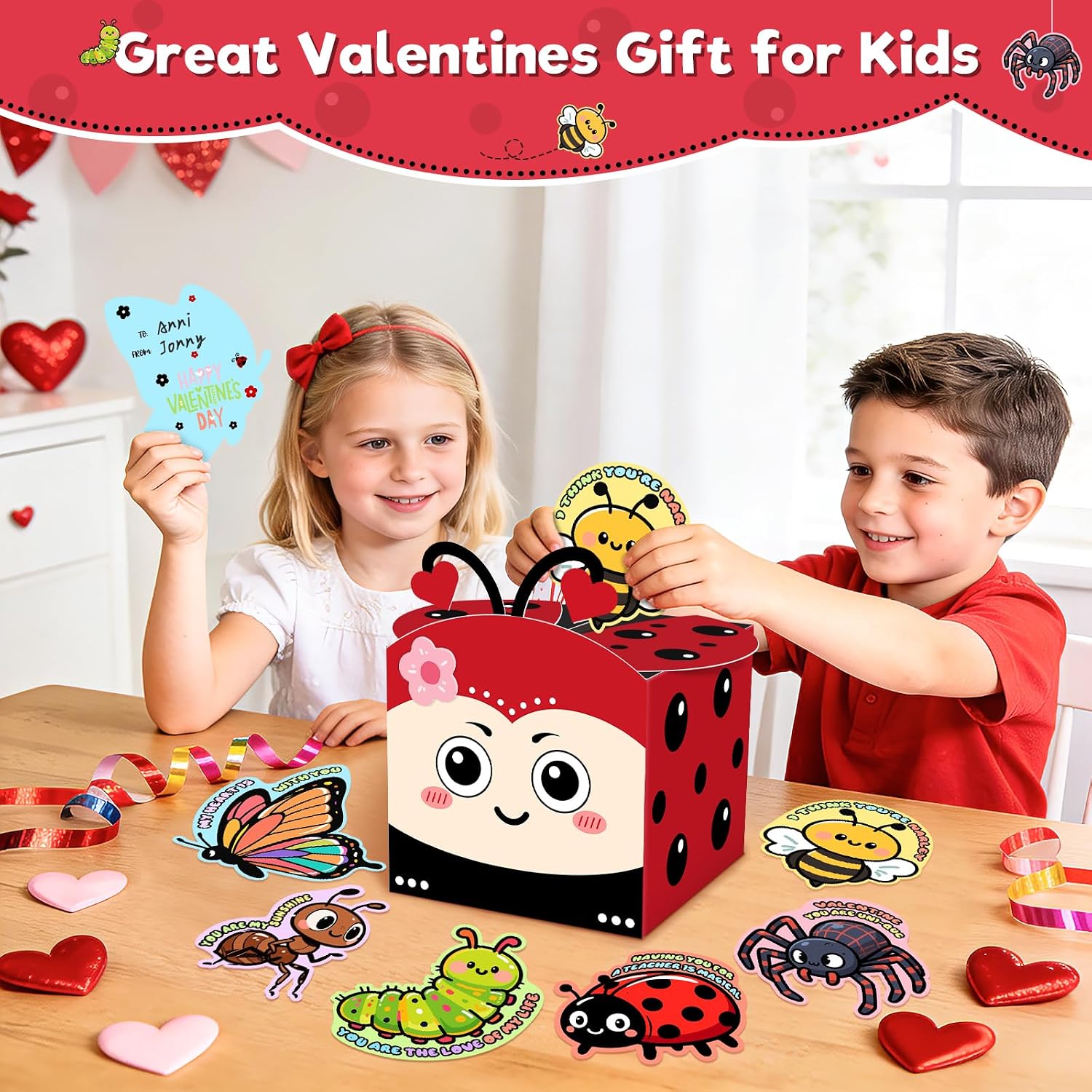 Valentines DIY Mailbox for Kids with 36 Greeting Cards Valentine's Day Ladybug Card Box for Kids Classroom School Gift Exchange Valentines Party Favors(30 Valentine Card, 6 Teacher Card)