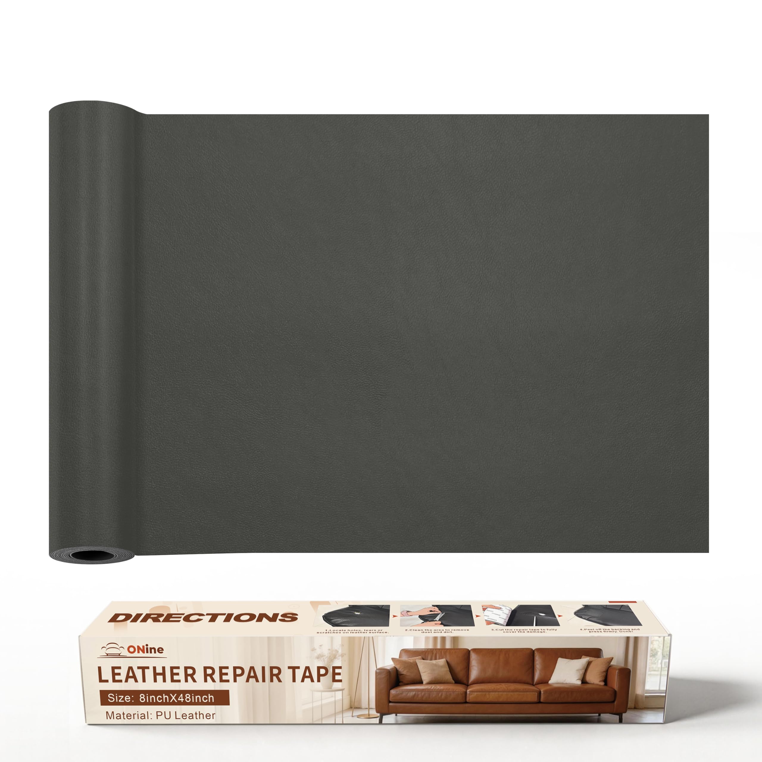 ONine Leather Repair Tape,Self Adhesive Leather Repair Patch,Leather Patches for Furniture,Sofa,Car Seats,Office Chair. Vinyl Repair Kit 8x48in(Gray)