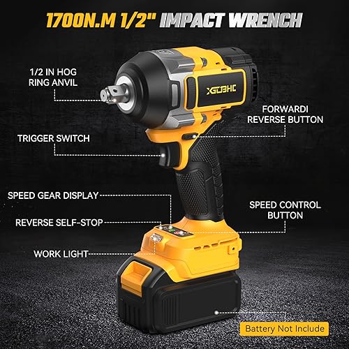 Miniatura 6 de Llave de impacto inalámbrica para batería Dewalt de 20 V, 1254 pies-libras (1700 N.m), pistola de impacto eléctrica de 12 pulgada, destornillador de