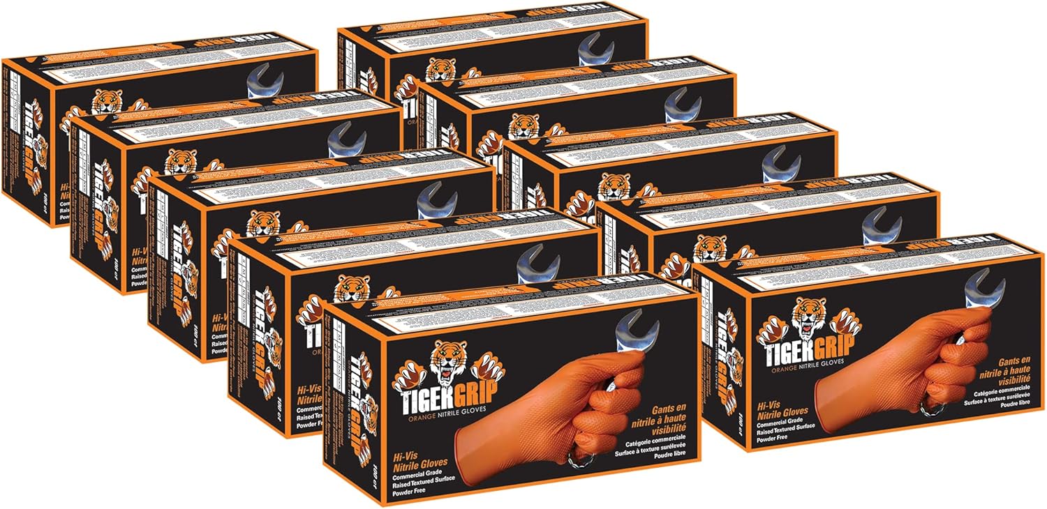 EPPCO TigerGrip 8-Mil Nitrile Glove Disposable Powder, Latex Free Textured Superior Grip Orange Gloves