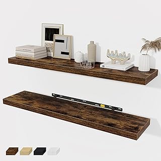 Floating Shelves Wall Shelf 40 Inch, 8 Inch Deep Floating Shelf for Wall, Farmhouse Black Wood Shelves Invisible Bracket for Living Room, Bedroom, Kitchen, 40 x 8 x 1.4 Inch, Set of 2, Rustic Brown