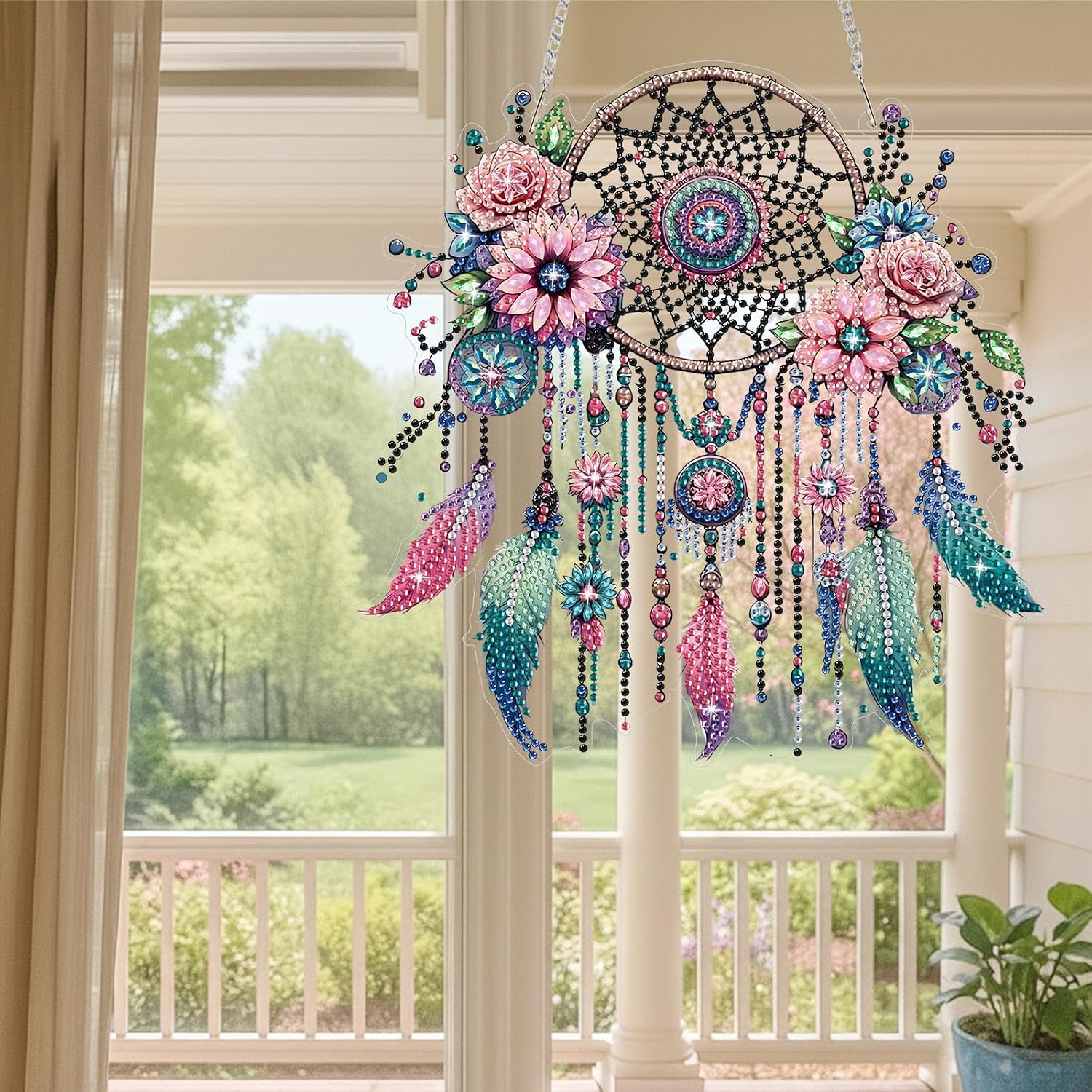 DIYDeligths DIY Diamond Art Painting Dream Catchers Pendant Hanging Ornament for Adults with Accessories Double-Sided Pattern Single Sided Dot-Drill Pendant Window Garden Decor (Flower Feather)