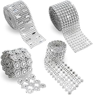 4 Rolls Bling Crystal Rhinestone Ribbon,Flower-Shape Diamond Lace,Silver Rhinestone Flower Mesh Strip,for Car Bling Decor DIY Crafts Strips Wedding and Birthday Party Decoration(8 Yards)