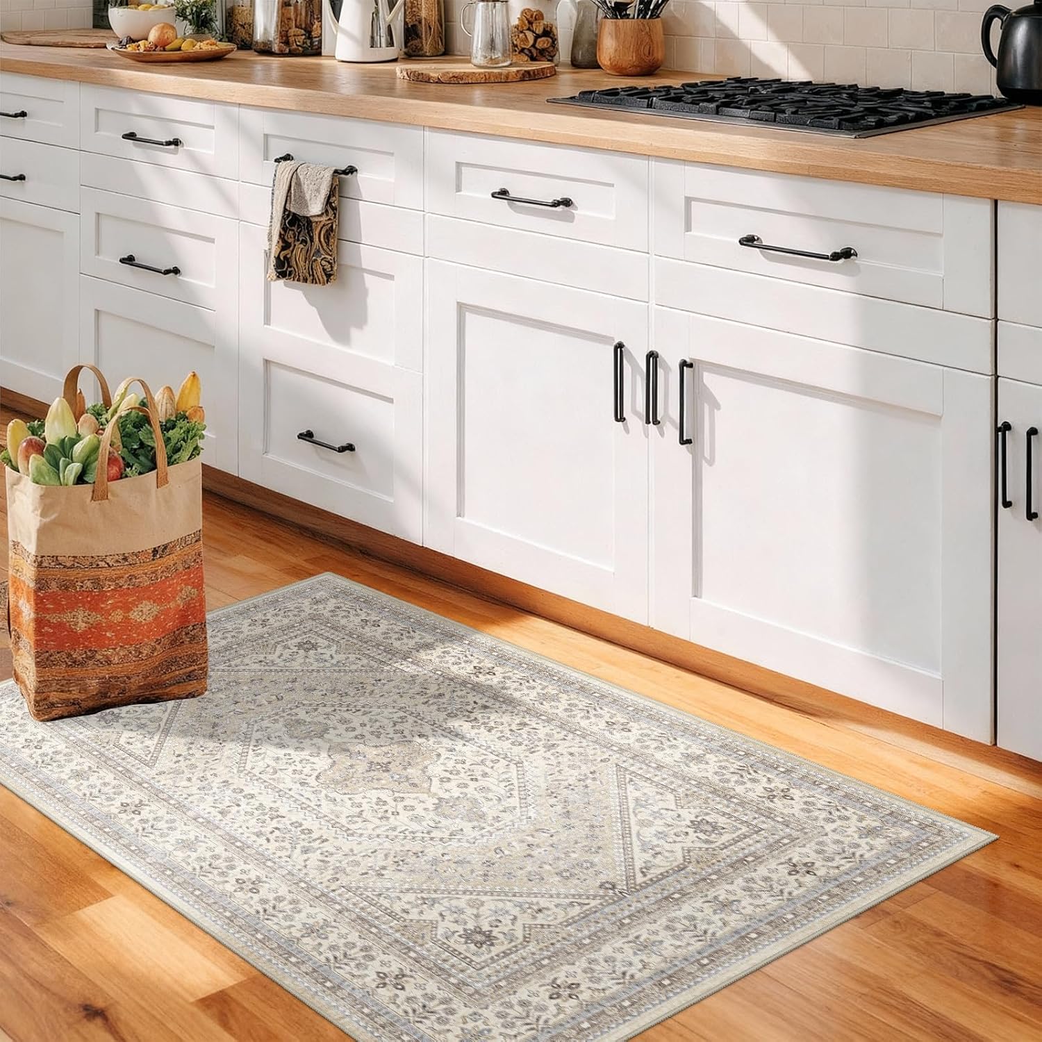 Washable 2x4 Runner Rug for Entryway: Non Slip Kitchen Rugs with Rubber Backing Soft Pet-Friendly Mats Stain Resistant Low Pile Carpet for Hallway Bedroom Bathroom Laundry Home Decor Beige/Gray