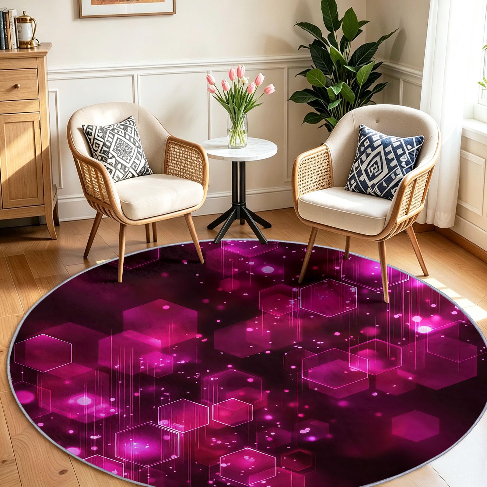 Alfombra moderna redonda antideslizante lavable para salón, color morado