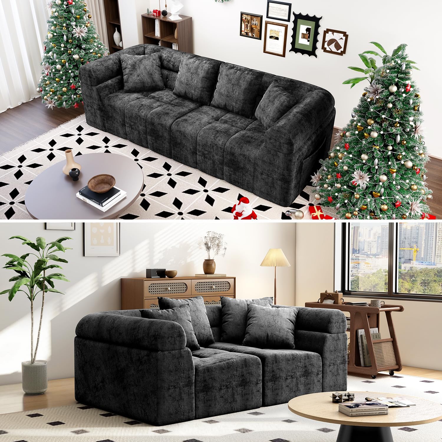 Modular Sectional Sofa Cloud Couch, Boneless Sleeper Bed for Living Room with No Assembly, Deep Seat & Pillows, Loveseat Configurations with Ergo Support & Storage Pocket, Grey