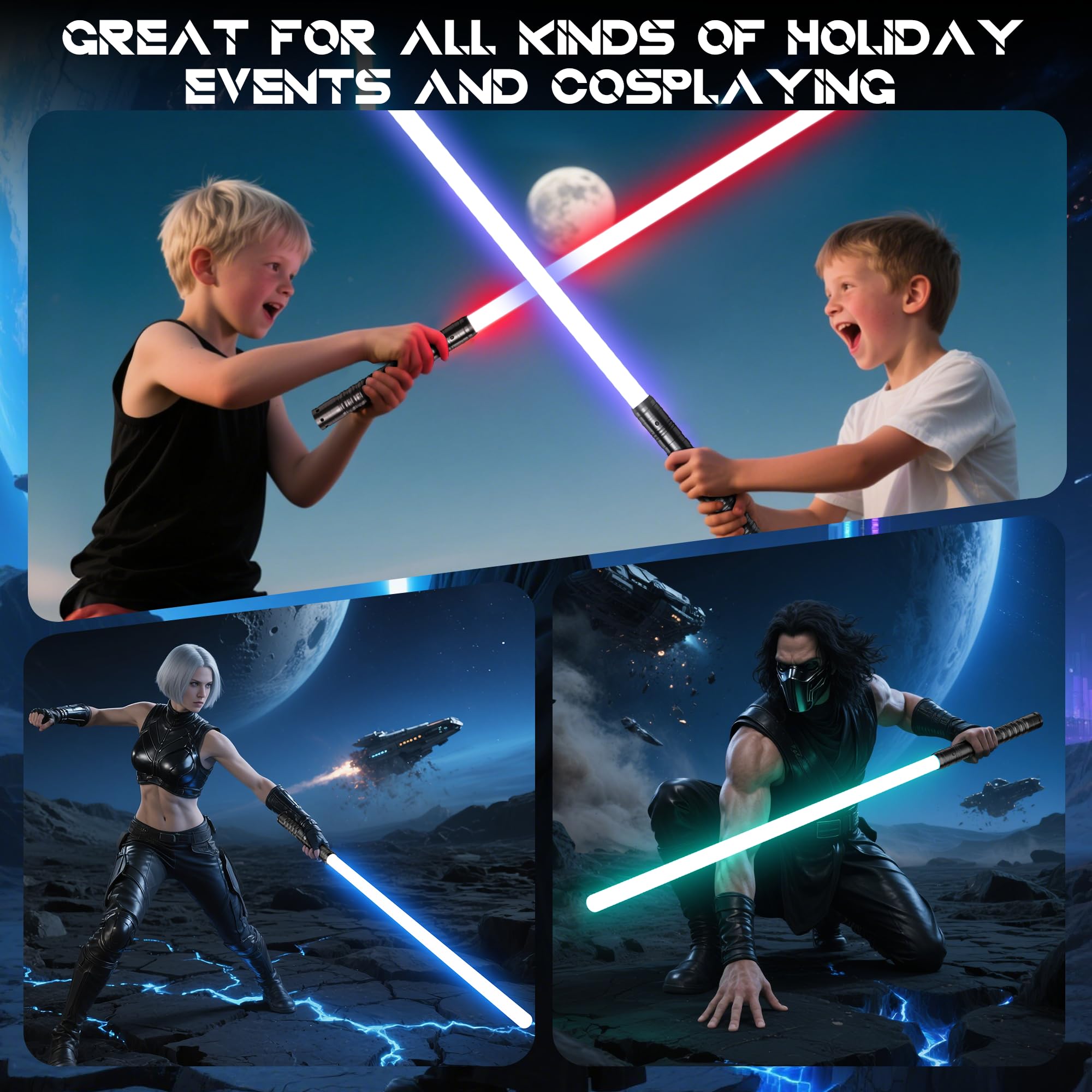 Sabre Laser-2 Pièces Lightsaber RGB 15 Couleurs Rechargeable USB-C - Effets Sonores FX, 4 Modes de Duel, Épées Laser Connectables en Métal - Jouet Cosplay Film, Halloween (2 Pc Noir 78cm)