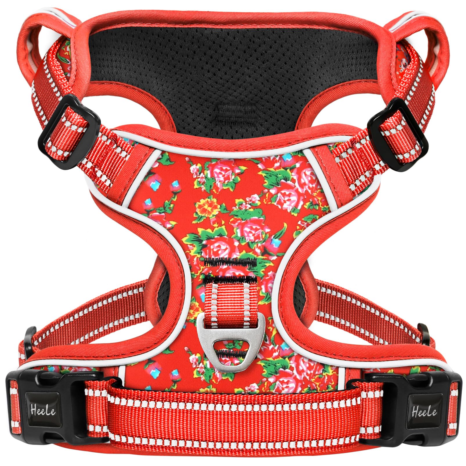 HEELE Pettorina Cane Taglia Piccola con Motivo Stampato, Riflettente Pettorina Addestramento Cani Anti Tiro con 2 Ganci in Metallo + Maniglia, Gilet per Cani Regolabile, Fiore-Rosso, S