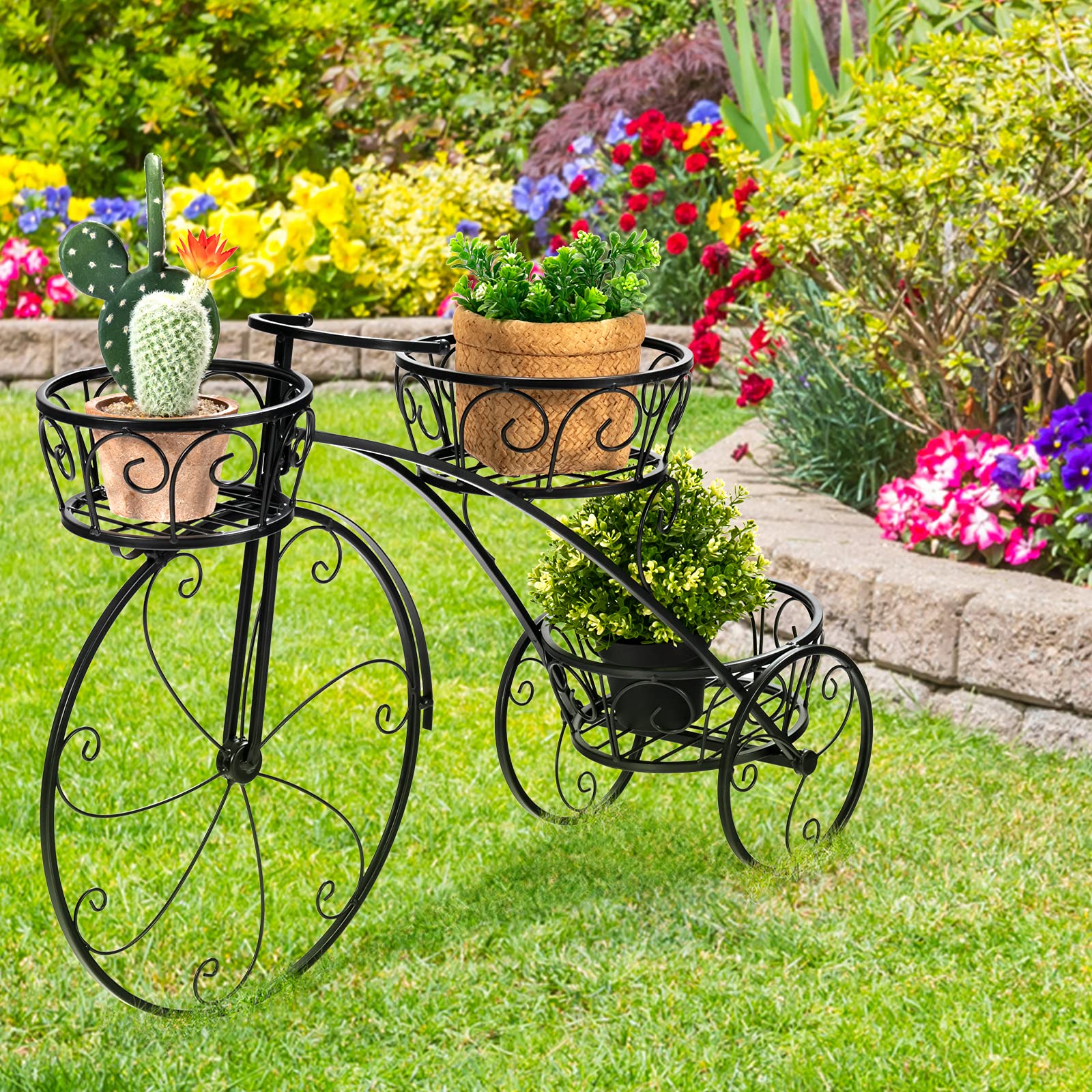 HOMASIS Support de fleurs en forme de vélo, escalier de plantes en métal avec 3 niveaux, escalier de plantes style vintage pour jardin, balcon, bureau, étagère à fleurs 80x25x52cm (Noir)