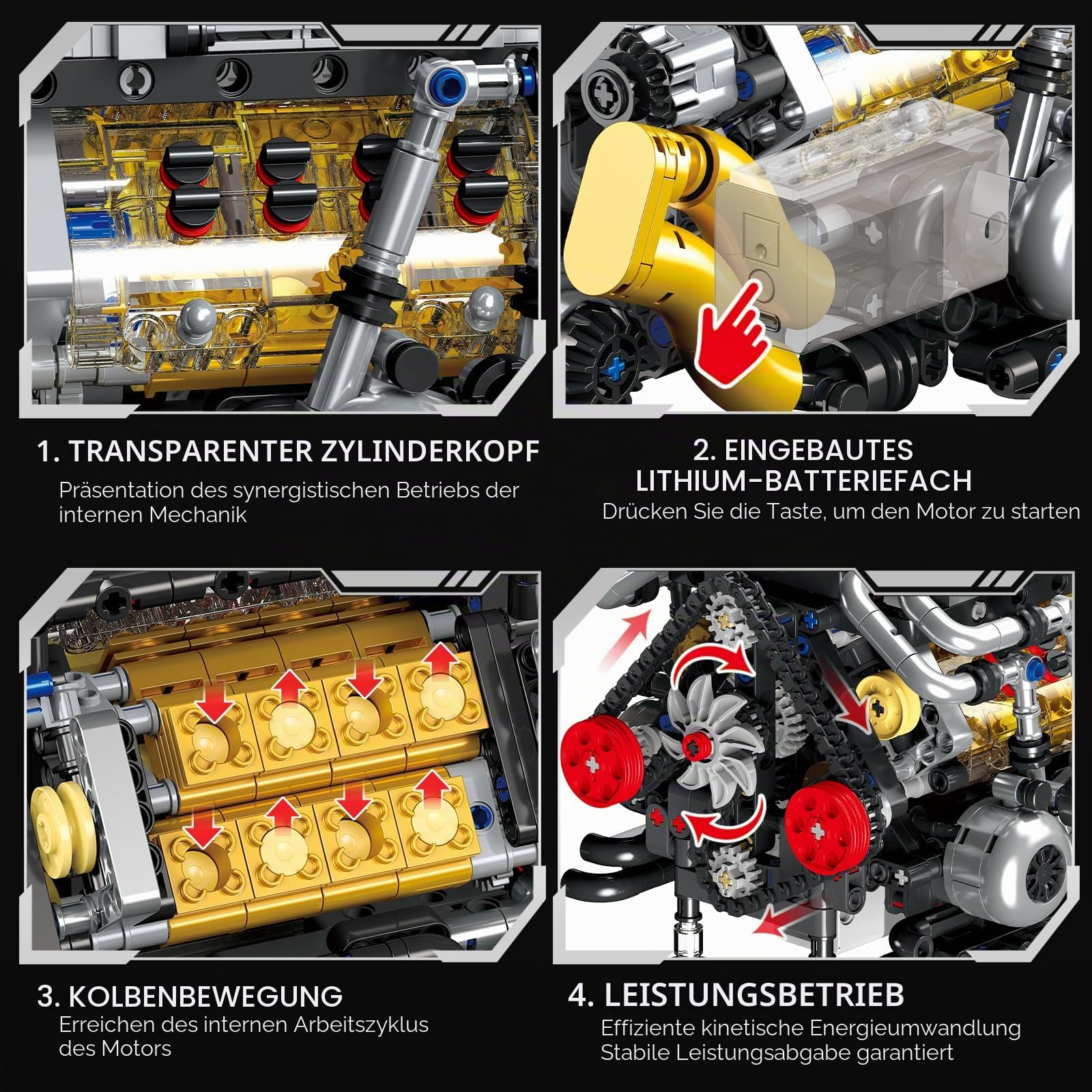 Technik V8 Motor Bausatz Klemmbausteine, W16 Auto Engine Modellbausatz | Wiederaufladbarem Sichtbarer Motor mit 16 Zylindern, Kompatibel mit Lego, für Auto Fans und Jungen ab 14 Jahren (1063 Teile)