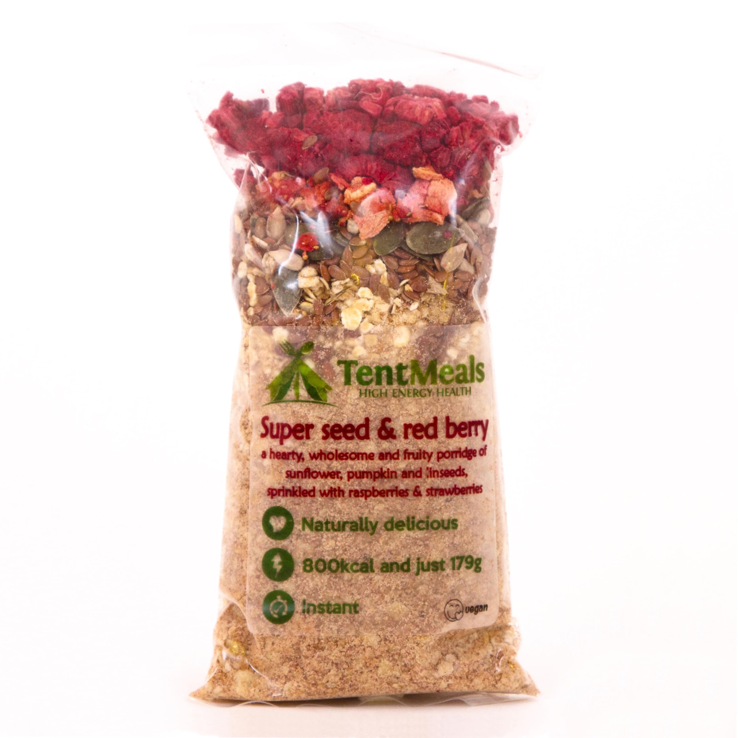 TentMeals Camping and Expedition Food: Super Seed and Red Berry Porridge Breakfast. 1x Large 800kcal pack
