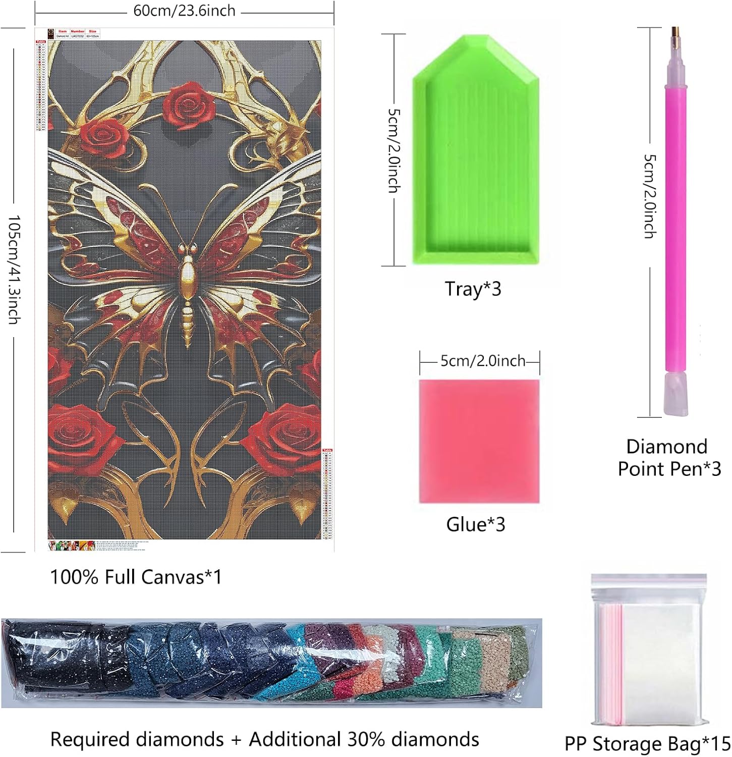 ARTGOTO Extra Large Diamond Art Painting Kits for Adults,23.6x41.3 inches/60x105 cm Butterfly Rose B DIY Full Round Drill Diamond Dots,Extra Large Size for Home Wall Decor Gifts