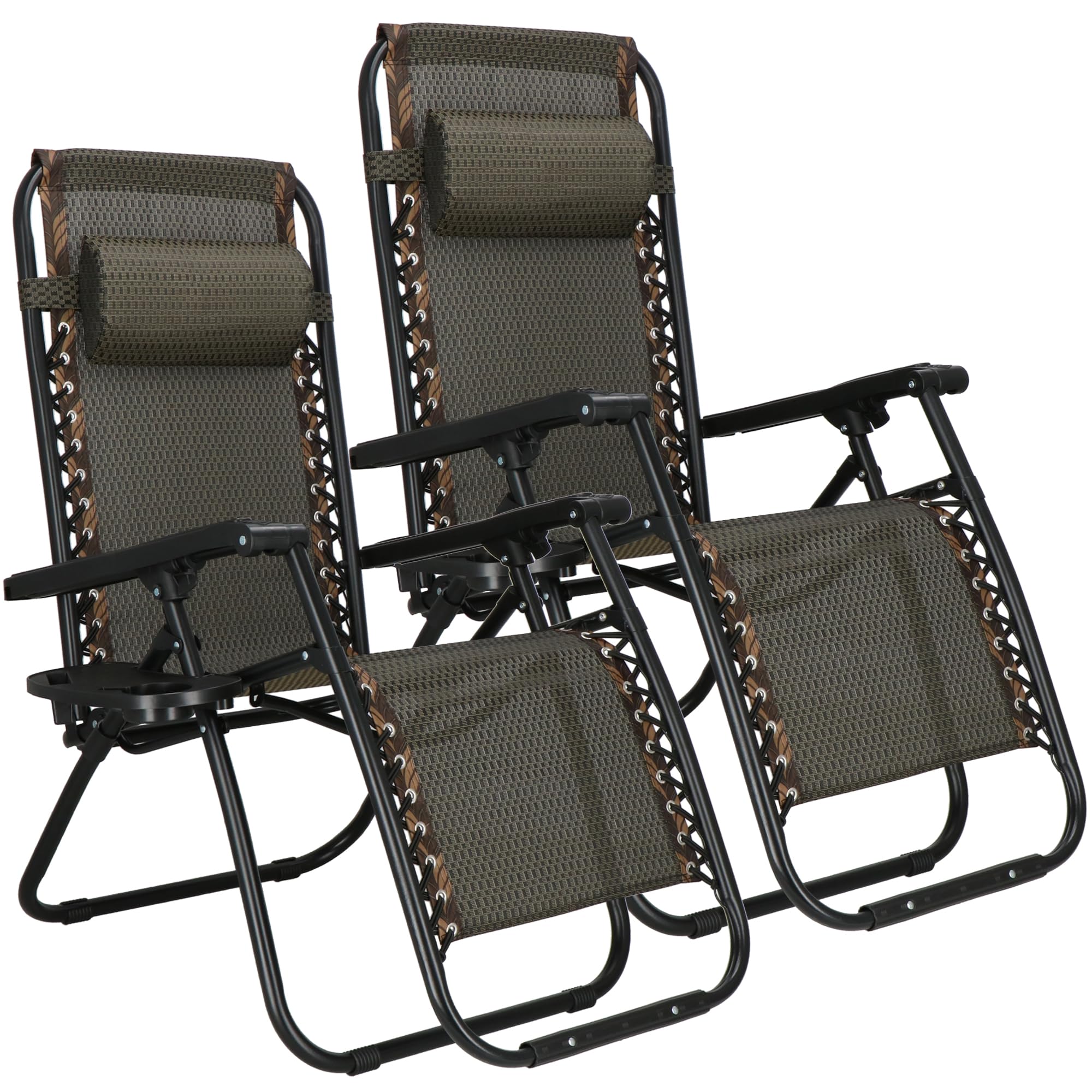SPRINGOS Lot de 2 Chaises Longues Pliantes avec Appui-Tête – Transat de Jardin avec Accoudoirs, Porte-Gobelet et Poche Suspendue – Relaxation Extérieure pour Terrasse, Balcon et Plage