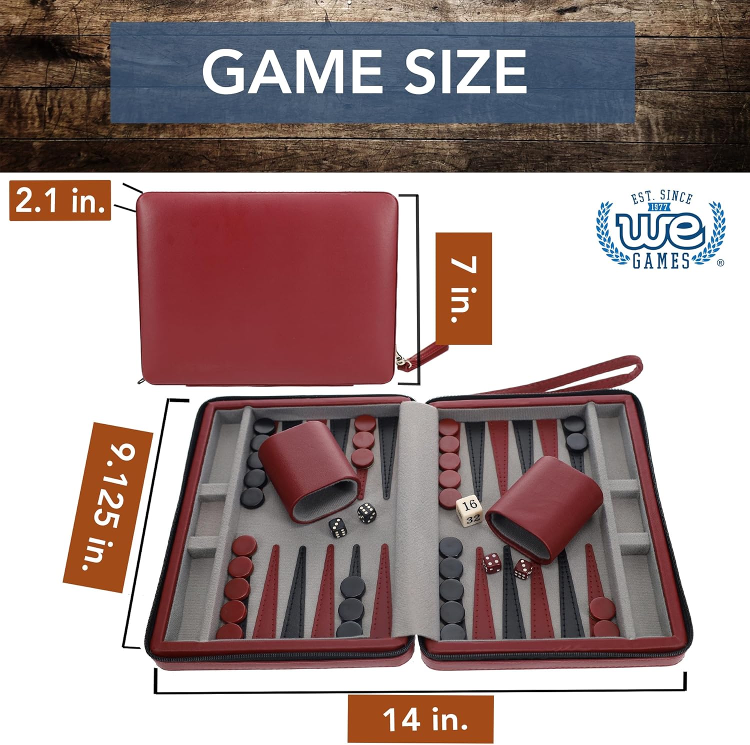 WE Games Backgammon Set, Board Games for Adults - Travel Games - Magnetic with Burgundy Leatherette Backgammon Board and Carrying Strap - Travel Backgammon Sets for Adults