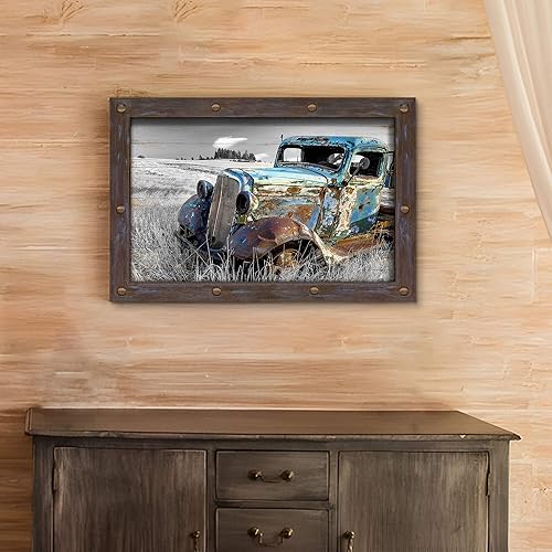 Miniatura 3 de Arte de pared de camión con marco de madera imagen de auto viejo azul oxidado, impresiones rústicas de automóvil, casa de campo, obra de arte