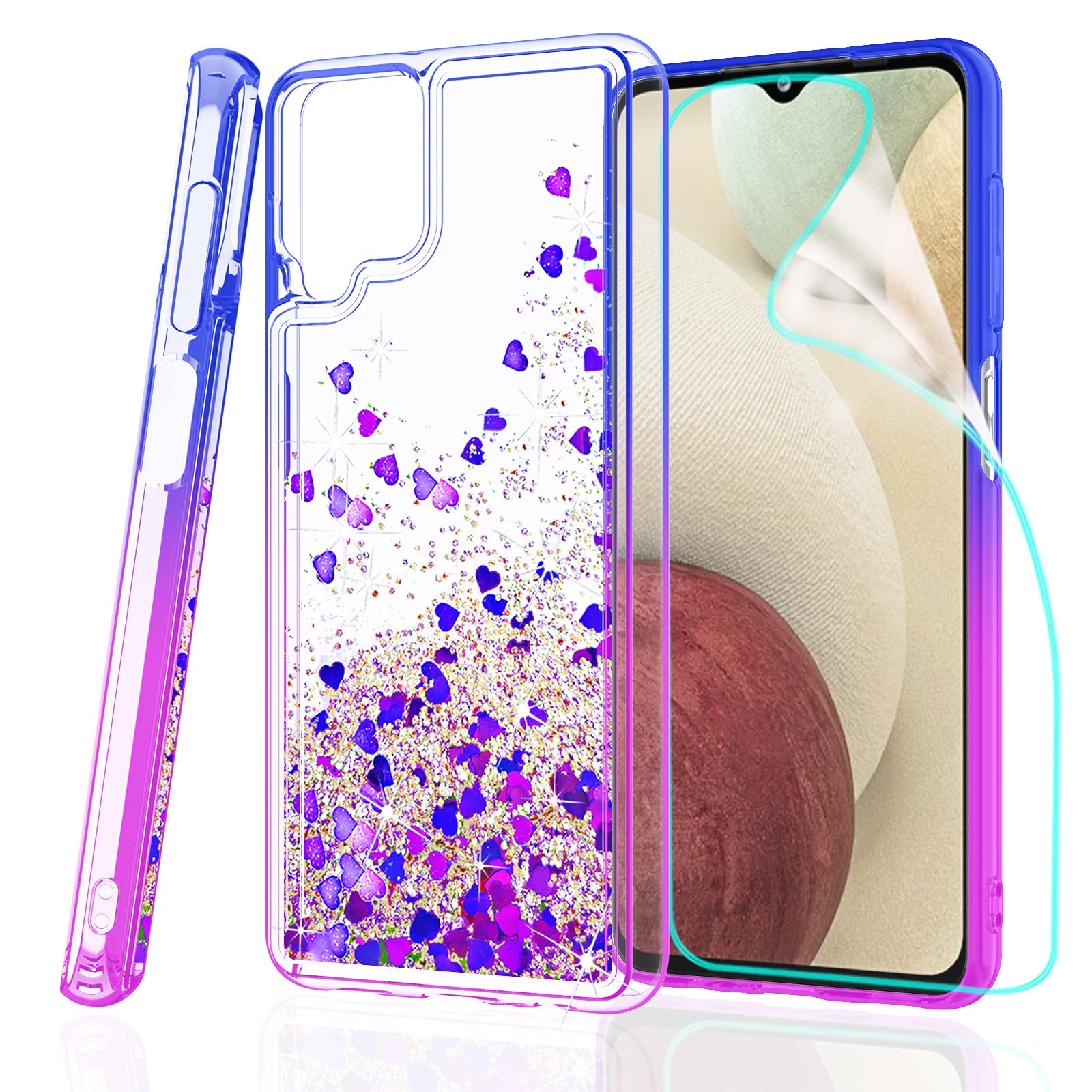 ZingCon Compatible for Samsung Galaxy A12 Phone Case,[HD Screen Protector] Heavy Duty Shockproof Glitter Bling Quicksand Adorable Shine Protective Case for Galaxy A12 5G-Blue/Purple