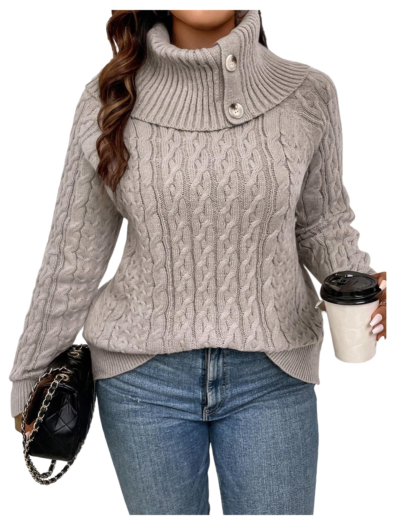 MakeMeChic Womens Plus Size Cable Knit Turtleneck Sweater Button Long Sleeve Pullover Tops