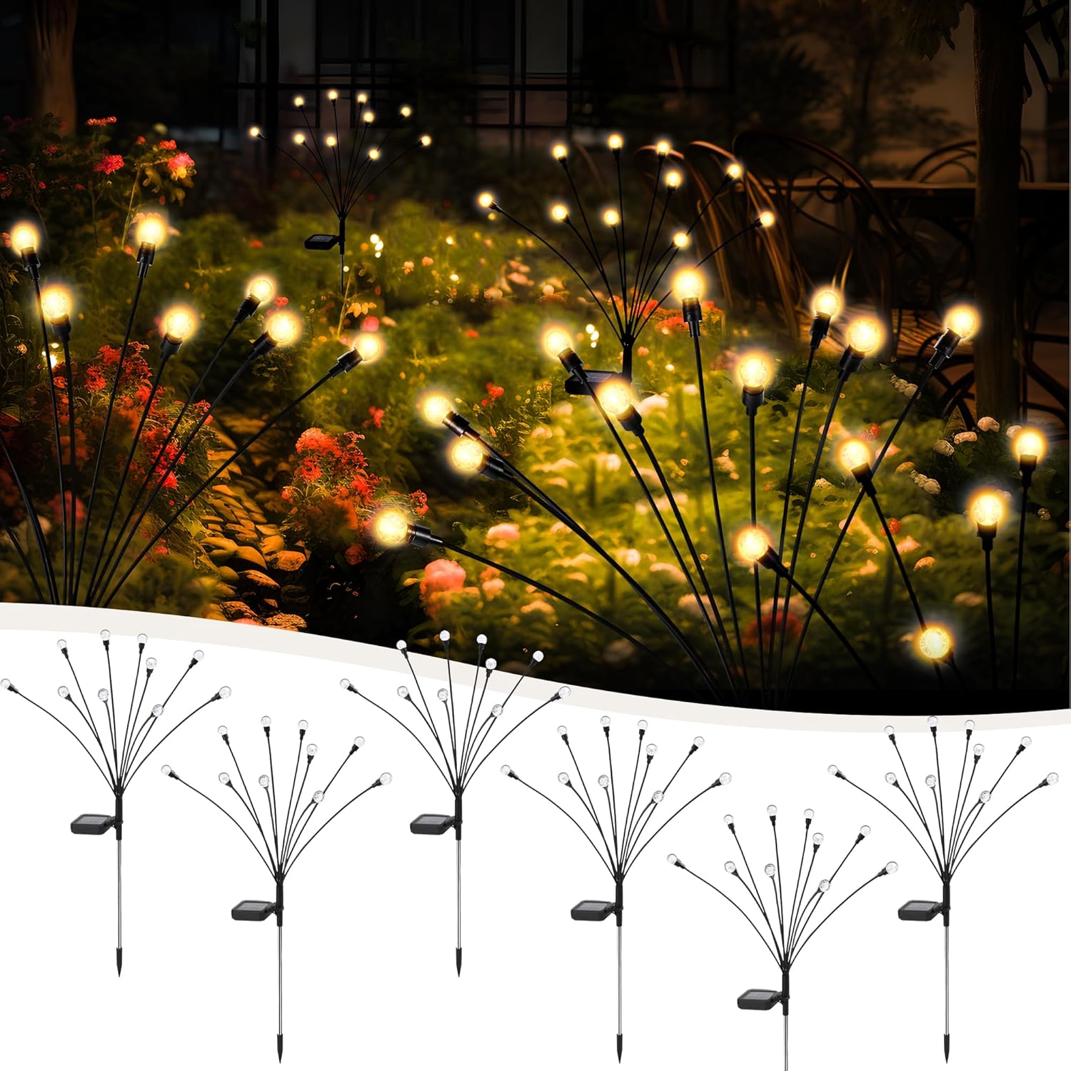 10 LED Solar Garden Lights, 6 Pack Solar Firefly Lights Outdoor Waterproof, Solar Crystal Ball Swaying Lights, Firefly Garden Lights Solar Outdoor (Warm White)