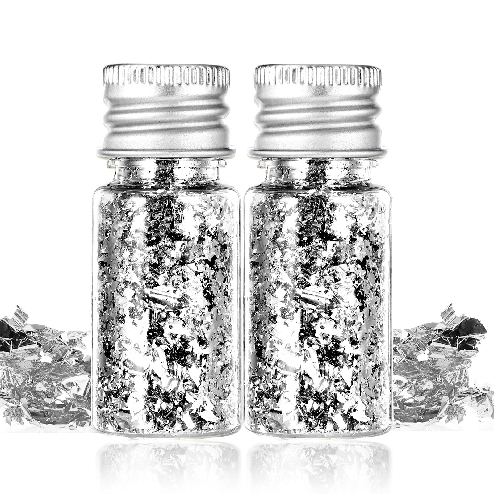 2 Flaschen Gebäck Blattgold Flocken, Dessert Goldfolie Flocken Multifunktion Blattgold Blätter Lebensmittel-Goldfolie Dekoration für Mousse-Kuchen Backen (Silber)