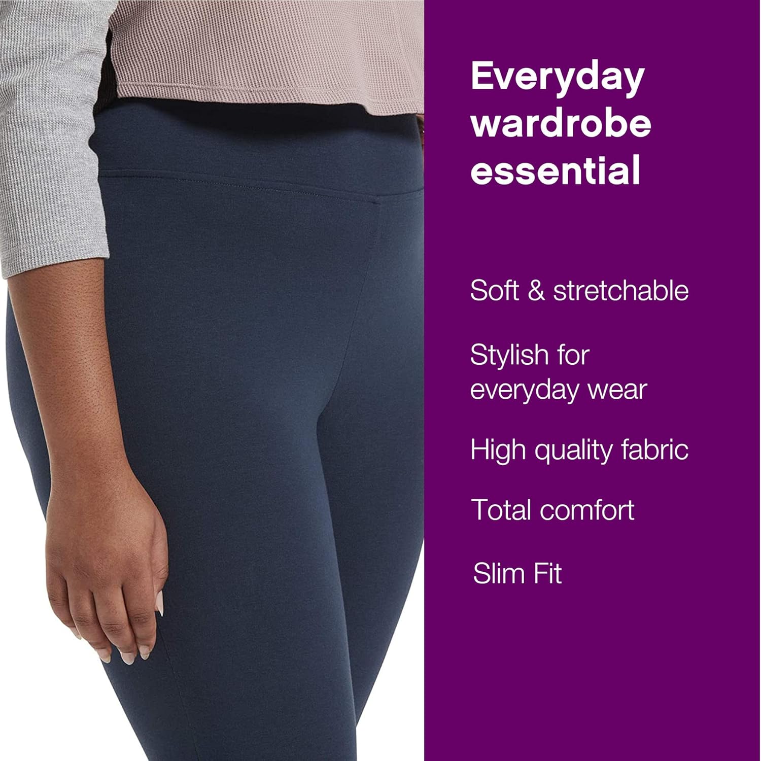 No nonsense Women's Blackout Cotton Capri Leggings Super Soft Stretch Pull On Pants, Available in Plus Size - Image 3