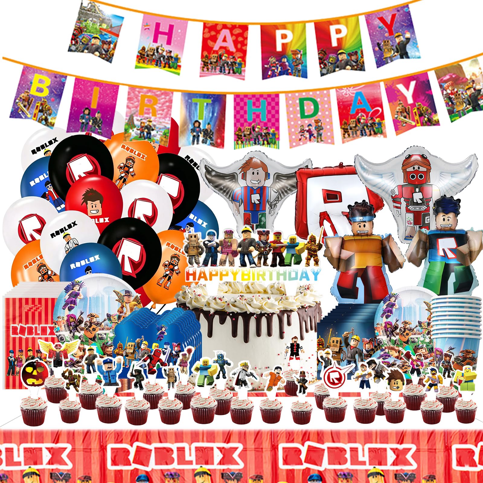 Roblx Birthday Decorations,119pcs Roblx Party Decorations,Gamer Party Decorations,Birthday Party Supplies Balloons Tableware Set Cake Toppers,Balloons,Cupcake Toppers,Invitation Card,Plates Cups