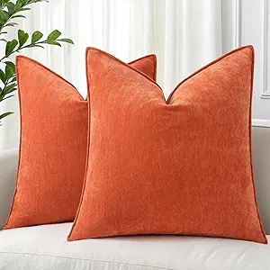 decorUhome Fall Couch Throw Pillow Covers 24x24 Set of 2, Decorative Soft Euro Neutral Chenille Pillow Covers with Elegant Design for Sofa Bed Living Room Home Decor, Rust