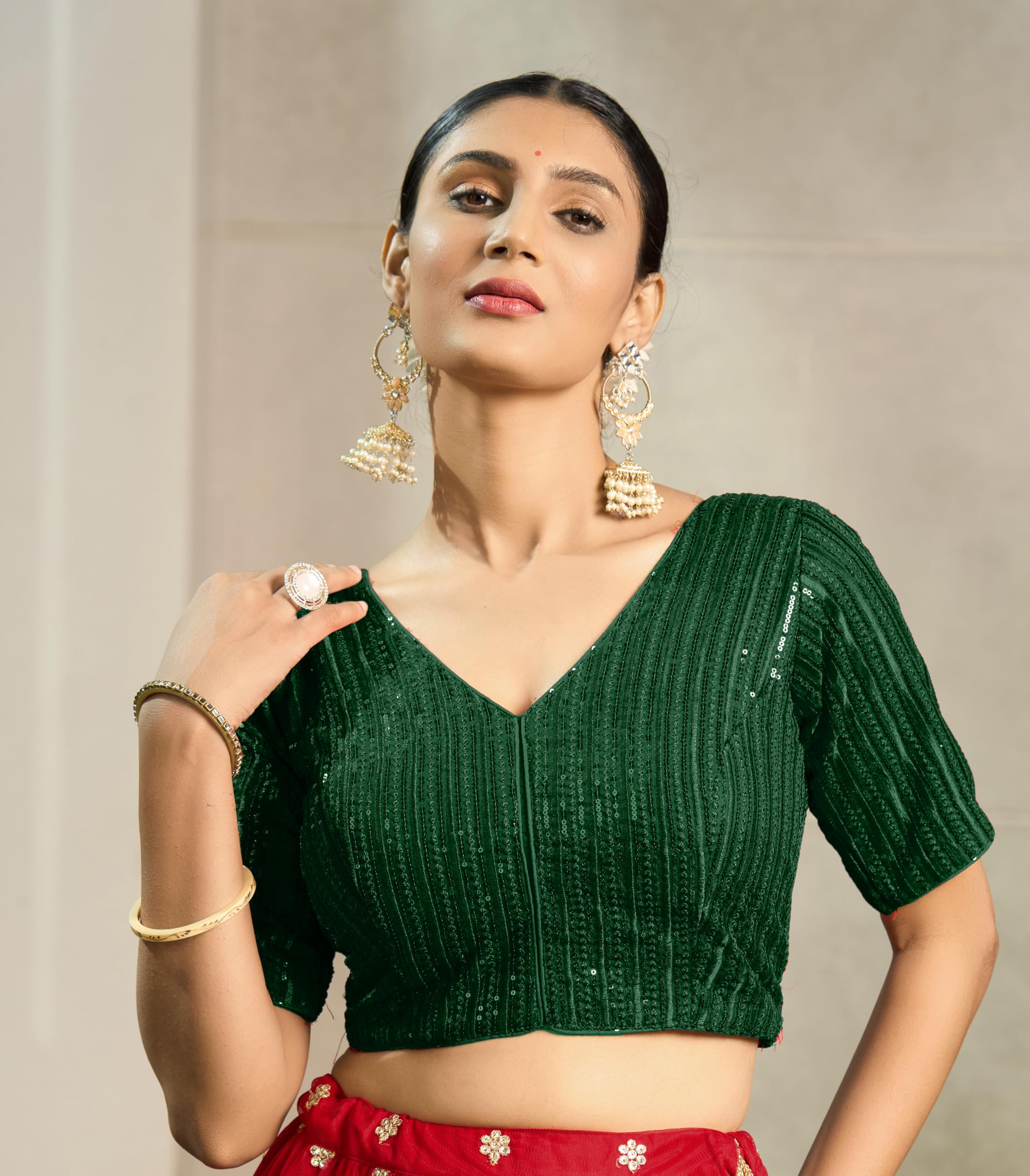 Vihu Fashion Women's Indian Ethnic Wear Designer Silver Sequence With Matching Embroidered Work V Neck Half Sleeve Readymade Padded Saree Blouse Readymade Unique Green Color Saree Blouse