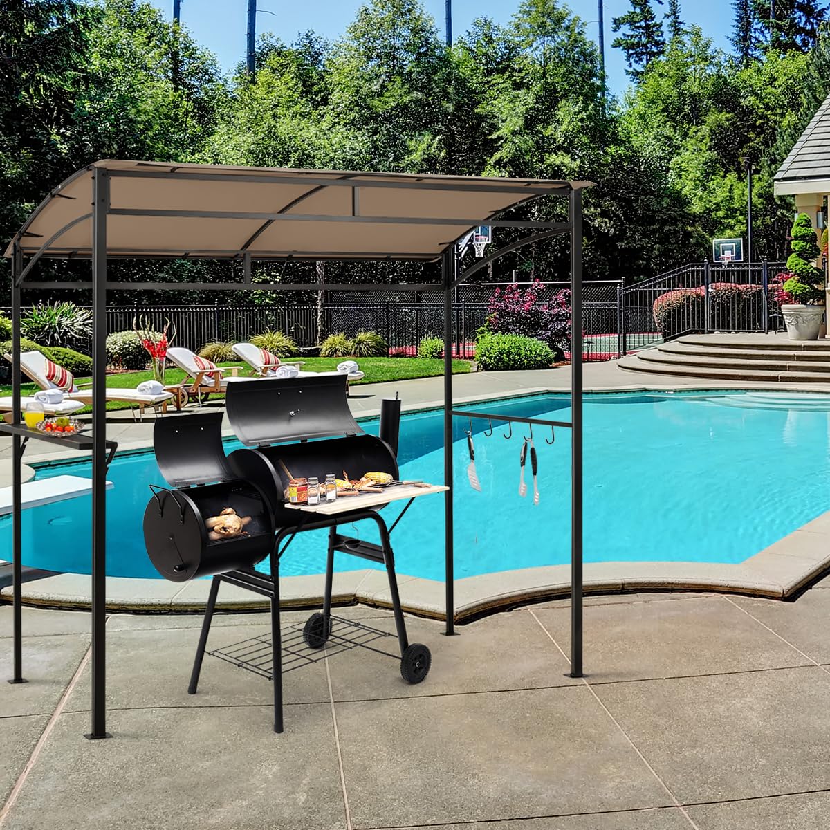 HOMASIS Gazebo Barbecue Esterno, Rifugio Barbecue con Telaio in Metallo Robusto, Tenda Ombreggiatura, Scaffale di Conservazione, 5 ganci, per Patio, Giardino, Spiaggia, Marrone, 216X134X211cm
