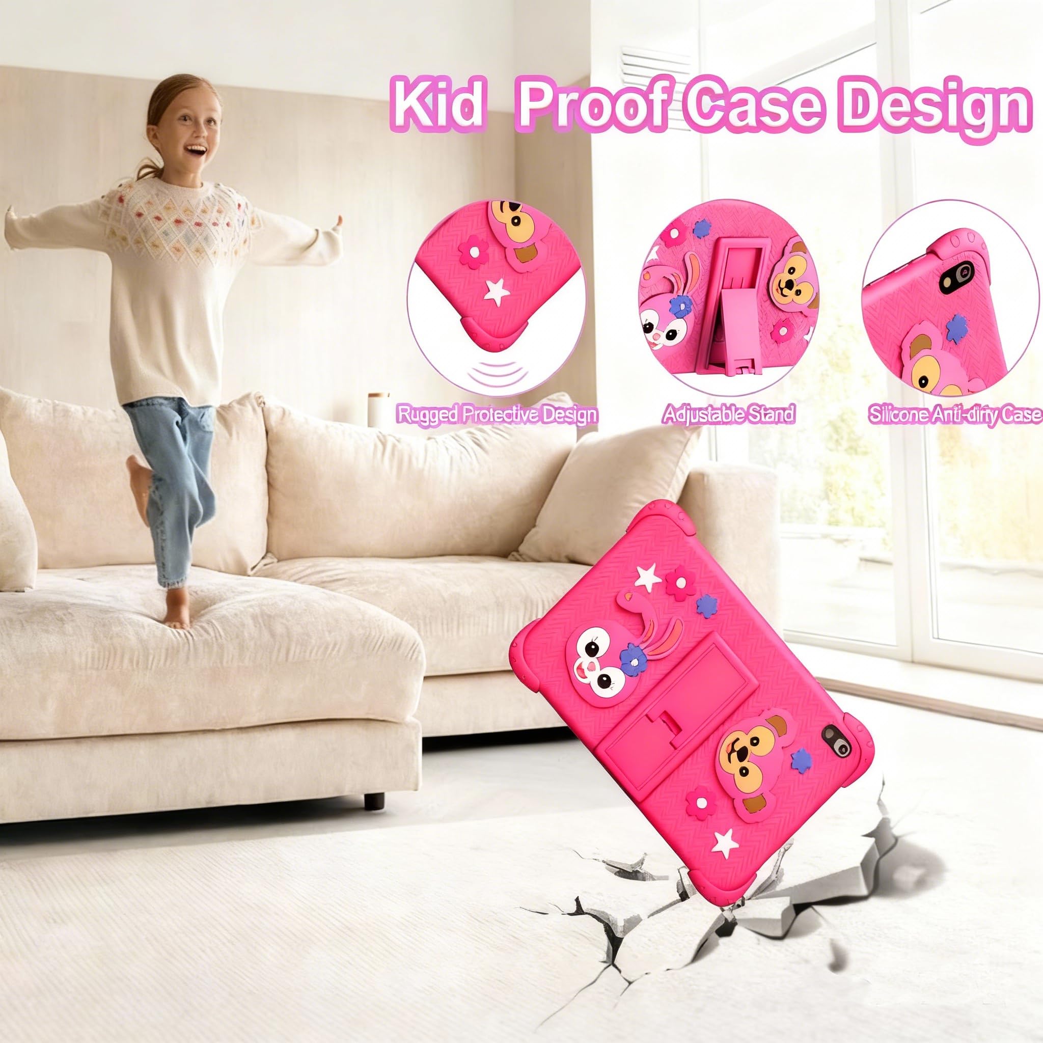 Kinder Tablet 8 Zoll mit WiFi Bluetooth 128 GB ROM 6 GB RAM Touchscreen Android 11 für Kinder 2 bis 10 Jahre,Kindersicherung,6000 mAh Es Wird mit Lern-Tablet mit Hülle,Rosarot