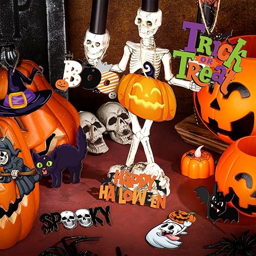 Miniatura 2 de Gerrii 40 adornos de Halloween de madera para decoración de árbol de Halloween, calabaza, fantasma, sombrero de bruja, esqueleto, mini adornos