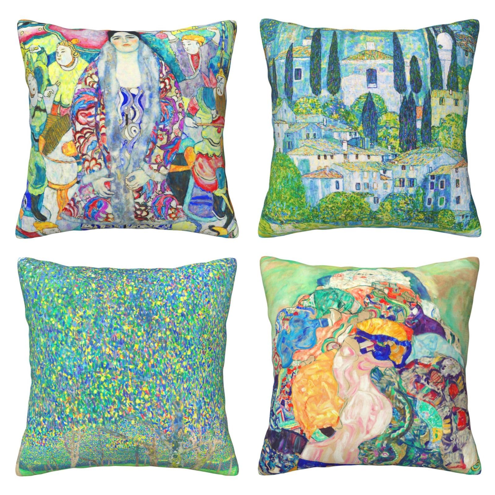 LOHDALOLF Green Cushion Covers Pack of 4 Gustav Klimt Painting Portrait Cushion Cases Pear Tree Square Decorative Pillow Covers for Sofa Couch Bed 45x45 cm