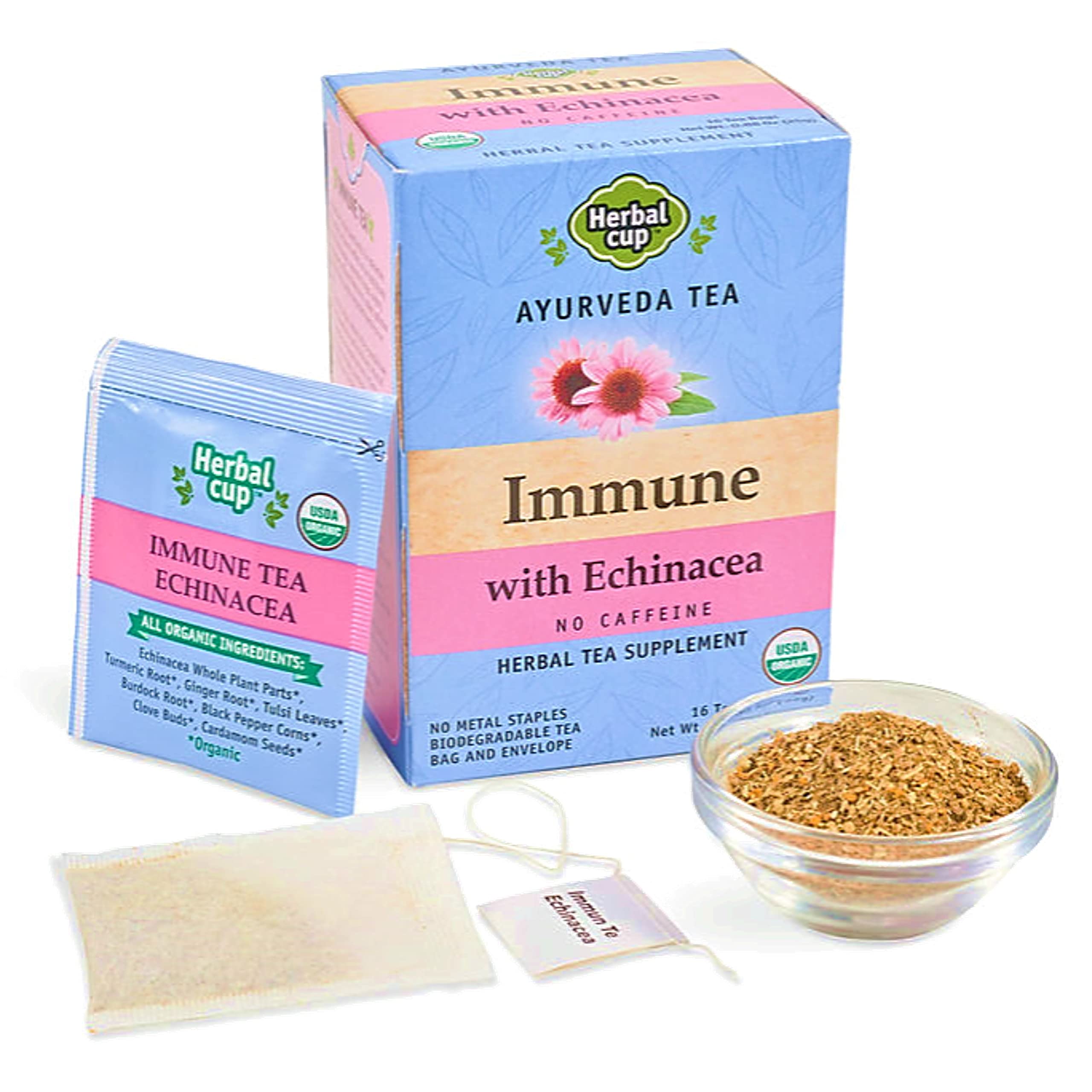 Ayurveda Immune Tea, Organic Echinacea Booster, No Caffeine Herbal Teas (Immune Echinacea, 16 Count (Pack of 6))