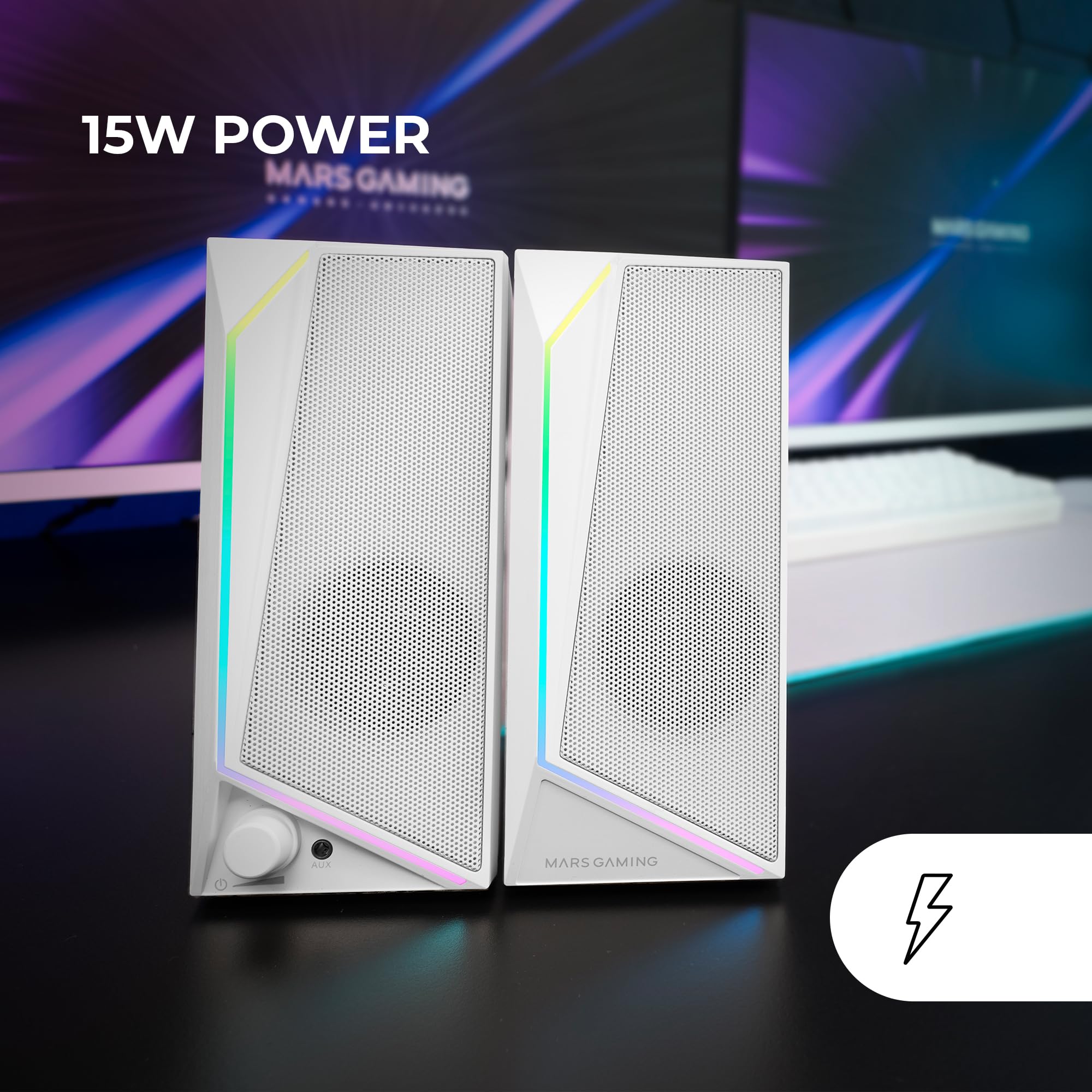 Mars Gaming MS72, Altoparlanti Gaming 15W, Illuminazione RGB Flow, 2 Driver Attivi, Chipset DSP, Connessione Plug&Play USB e Jack 3.5mm, Rotella Controllo Volume e Porta Audio per Cuffie, Bianco