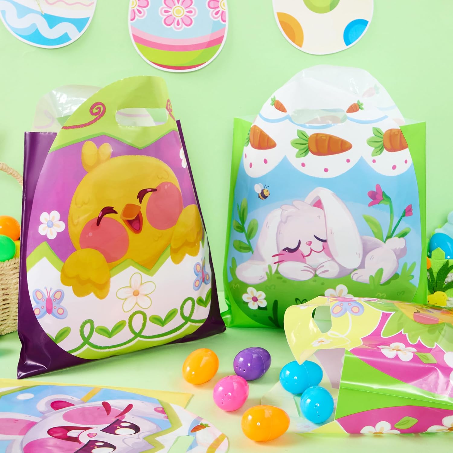 JOYIN 48 Pcs Easter Gift PE Bags 11.8" x 11.8", Egg Shaped PE Easter Gift Goodie Bags Party Treat for Egg Hunt, Kids Party Favor Supplies