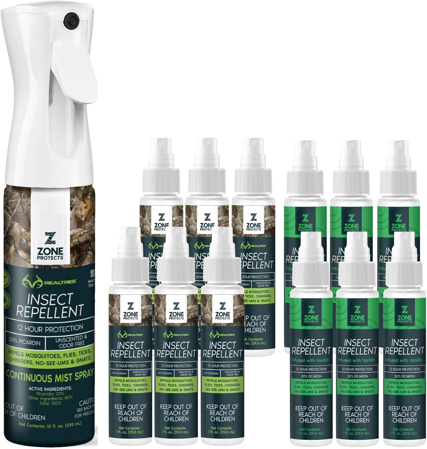 Zone Realtree Hunter-Gatherer Pack; Picaridin Insect Repellent Bundle; Unscented 10oz Mistosol, Six Unscented 1oz Sprays, Six Scented 1oz Sprays; Mosquito Tick Gnat No See-Um