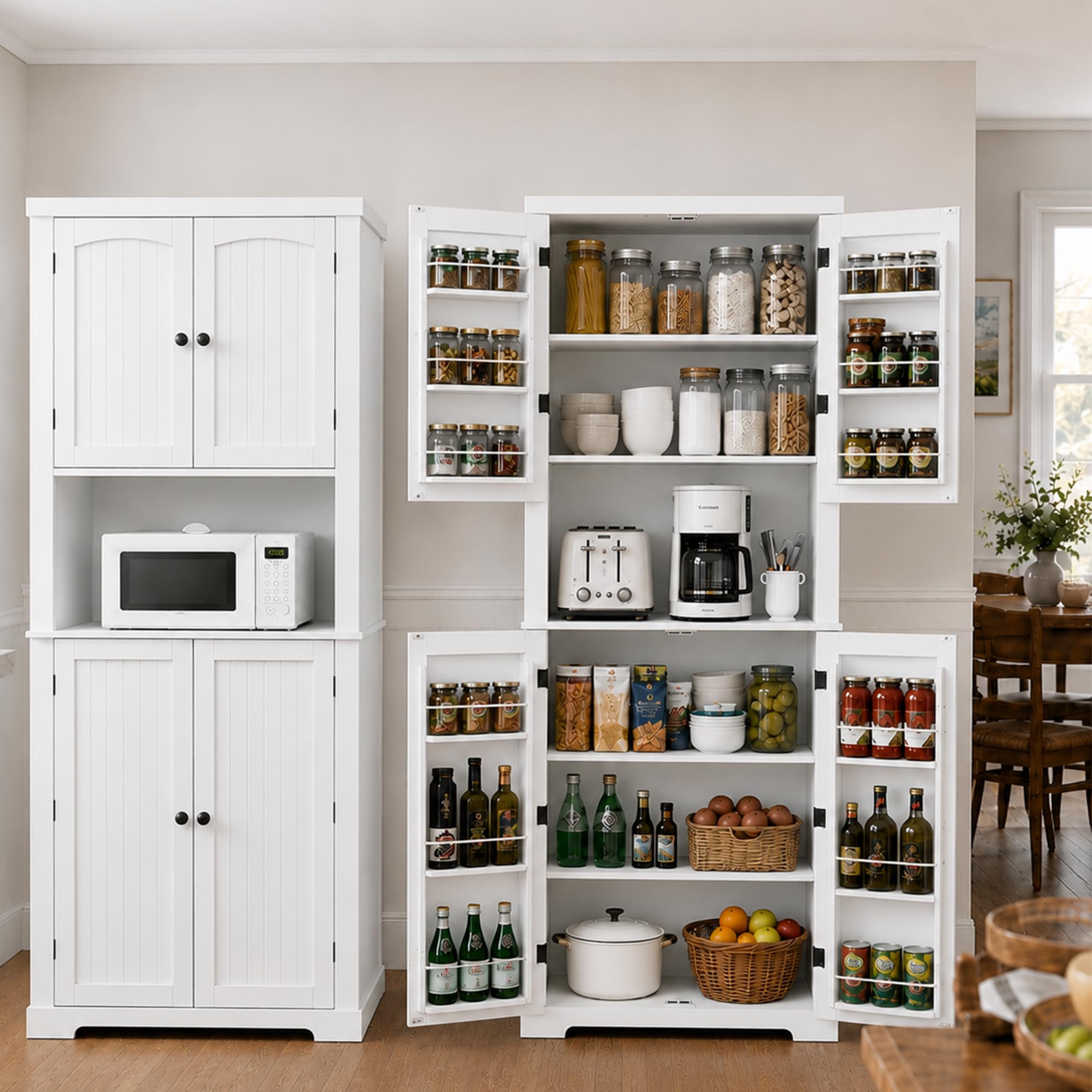 HLR 72 Inch Tall White Beadboard Pantry Cabinet