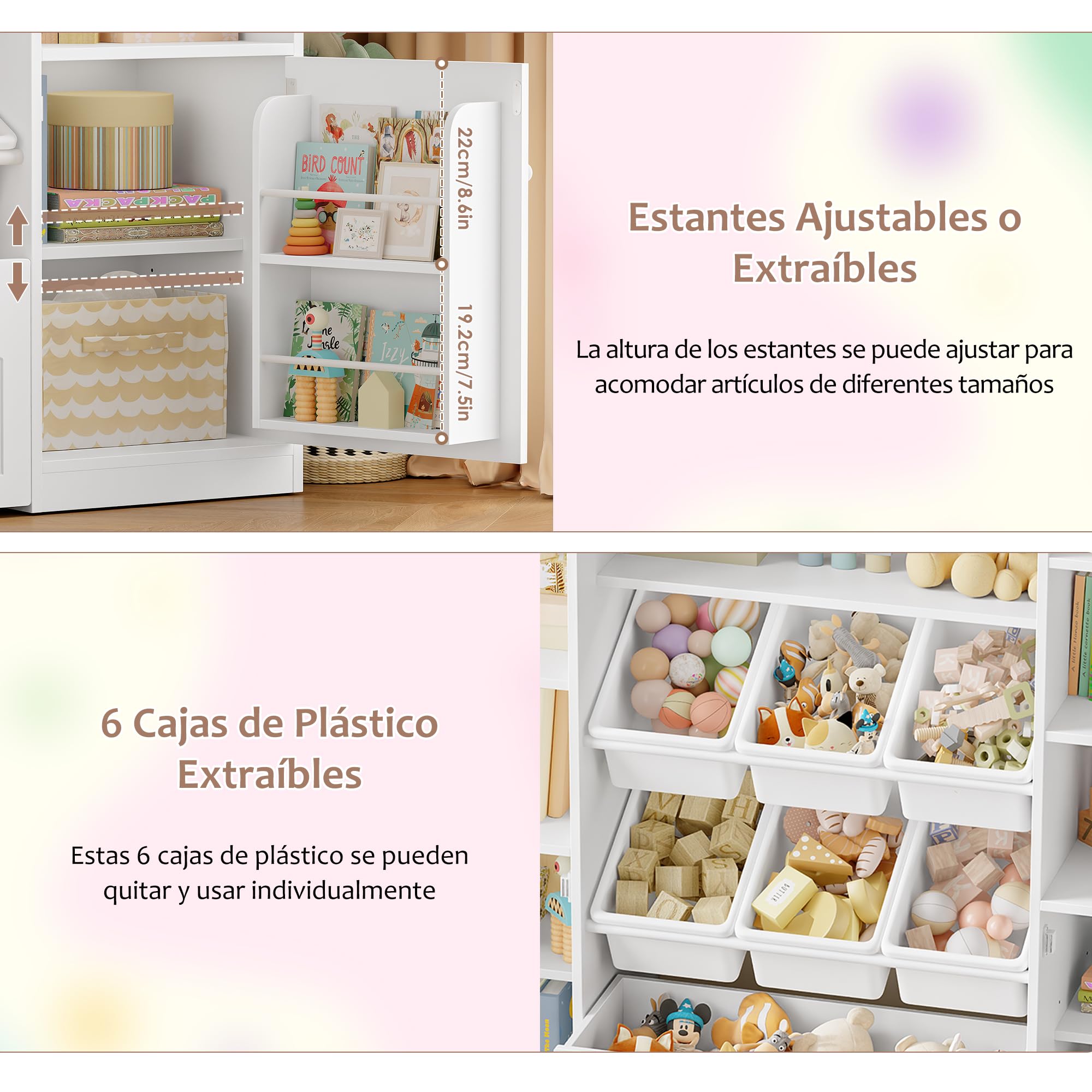 FOREHILL Mueble Almacenaje Juguetes, Organizador Juguetes, 6 Cajas, Blanco | Mueble Juguetes Organizador, 8 Compartimentos, 2 Estantes para Puertas, 1 Cajón Grande, 140.5x33x108.2cm