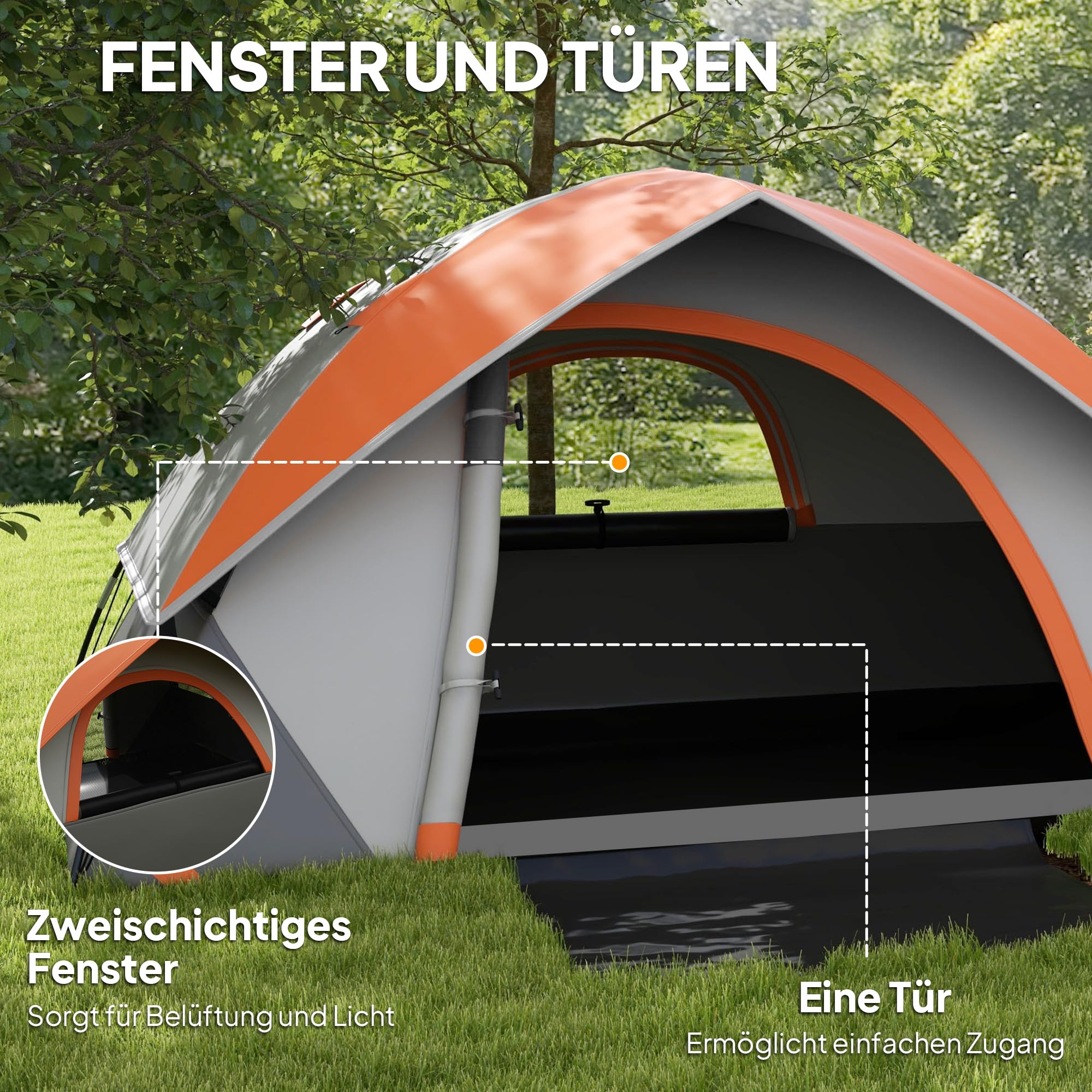 Outsunny Kuppelzelt für 2 Personen Leicht Wasserdicht Familienzelt | Mit Tür&Fenster, Packtasche, Haken, Stabil Campingzelt mit 3000mm Wassersäule, Zelt für Camping Reise Trekking Garten