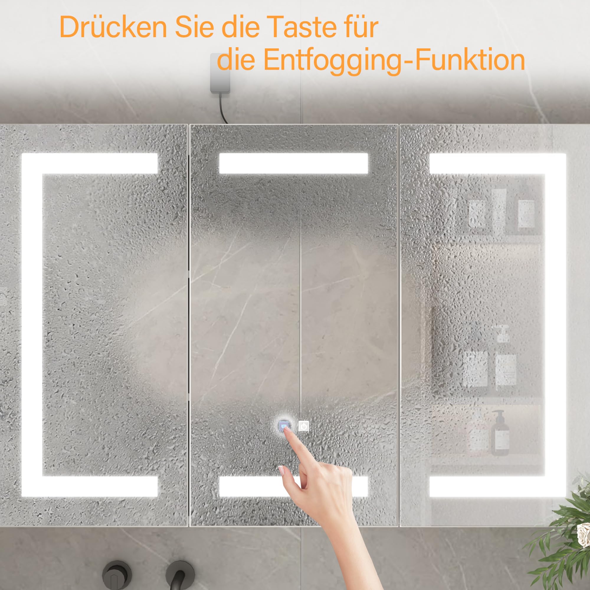 Caldion Spiegelschrank 120cm Bad mit 3 LED-Beleuchtung Entfogging-Funktion Badezimmerschrank mit 3 Spiegel Badschrank hängend mit Ablagen Wandschrank mit Glastüren 120x13x90cm Weiß