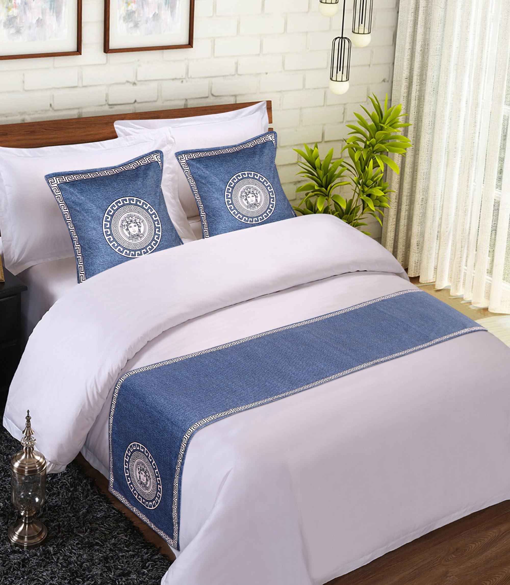 Shri Anand Creations 400TC Printed Bed Runner with Cushion Cover Set for Hotel, Guest House, Resort and AirBnb. (Runner: 18x100 inches, Cushion Cover 16x16 inches), Print: 02-picture-23