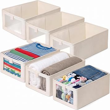 6 Pcs Wardrobe Storage Organiser Foldable, Wardrobe Storage Boxes with Clear Window Clothes Organiser Fabric Storage Box Drawer Organisers for Jeans Pants Shirts Leggings Toy
