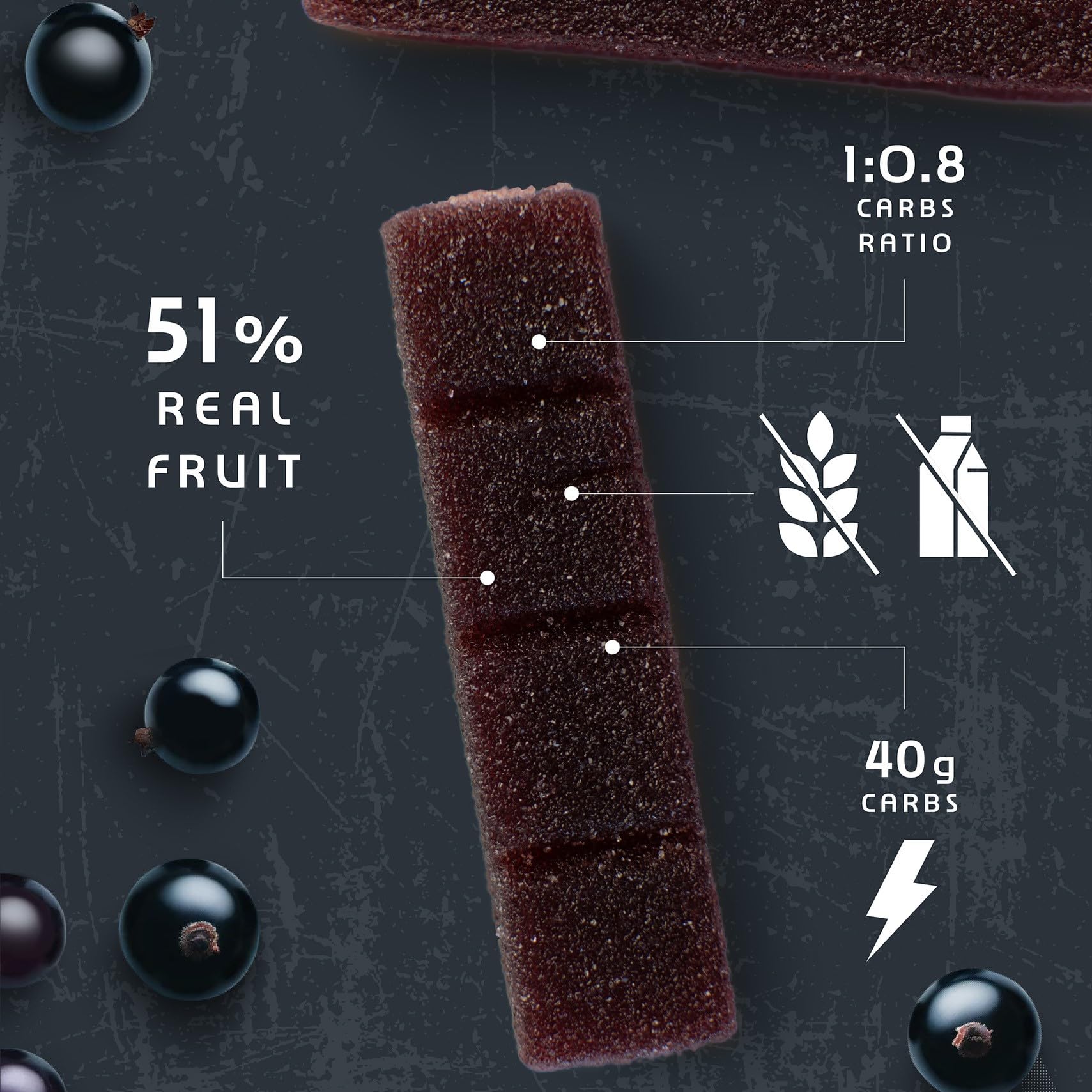 AMACX Turbo Fruit Chew Bar – Con Carboidrati e Elettroliti – 51% Frutta Vera – Barrette Fitness Vegane senza Glutine – Confezione da 12 – Barrette Energetiche Ciclismo e Corsa – Cassis