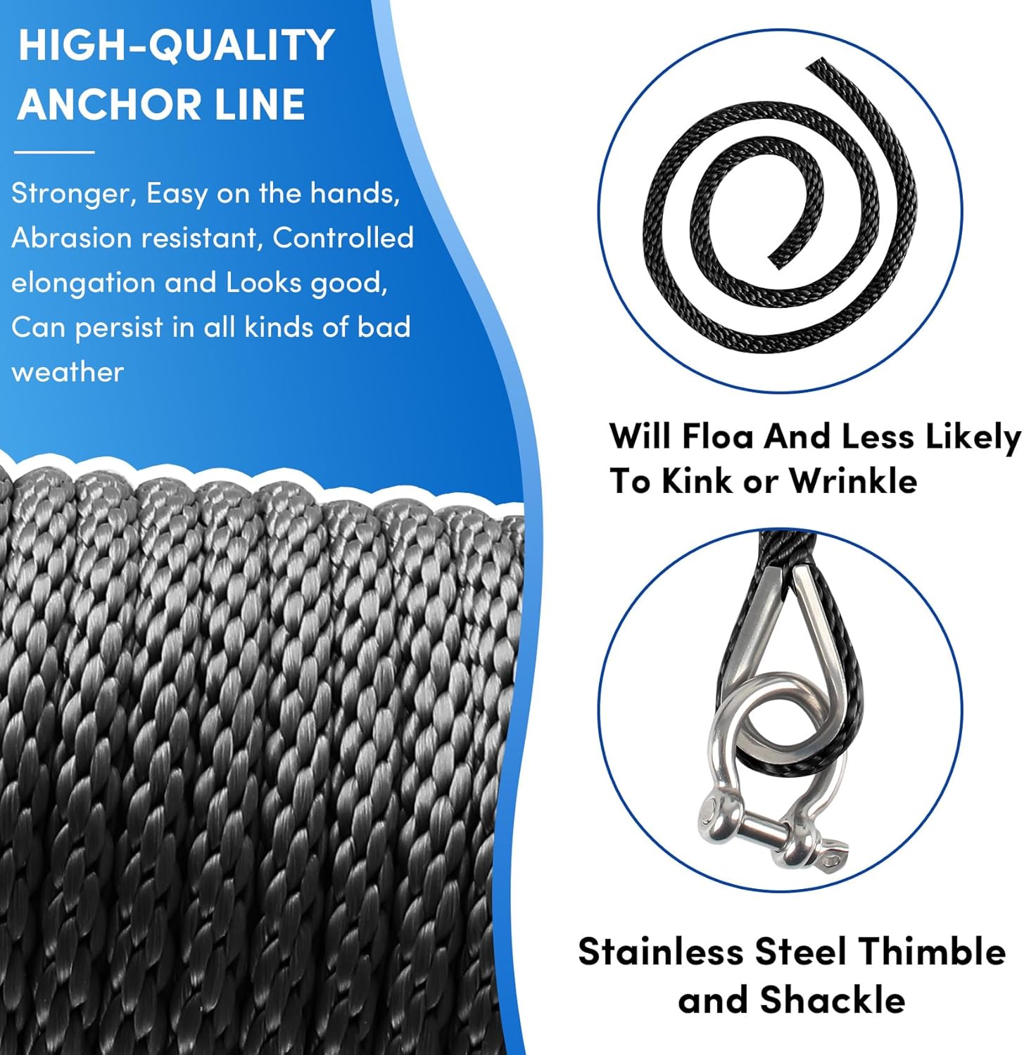 Premium Anchor Rope 100 ft x 1/2 inch, Solid Braid MFP Anchor Line Boat Rope with Thimble & Shackle - Black