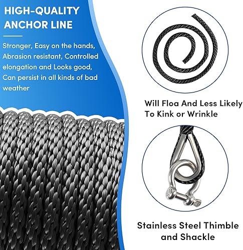 Vista 24 de Cuerda de anclaje premium de 100 pies x 3/8 pulgadas, cuerda marina de línea de anclaje MFP trenzada sólida con dedal y grillete, color negro