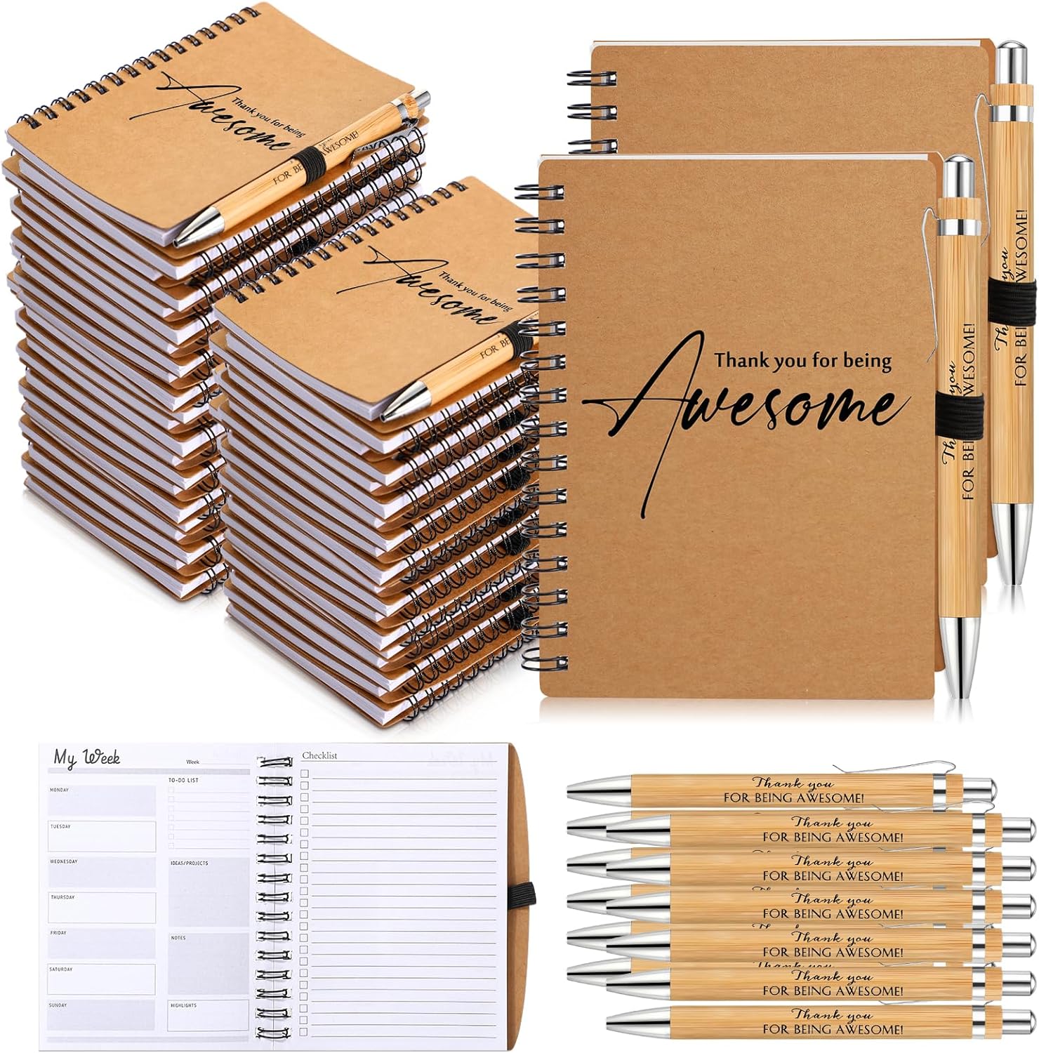 Tellingyou 60 Pcs Employee Appreciation Gifts Bulk for Volunteer Teacher with Inspirational Spiral Notebooks 2026 Weekly Planner to Do List Notepad Pens Thank You Gift for Coworker (Kraft)