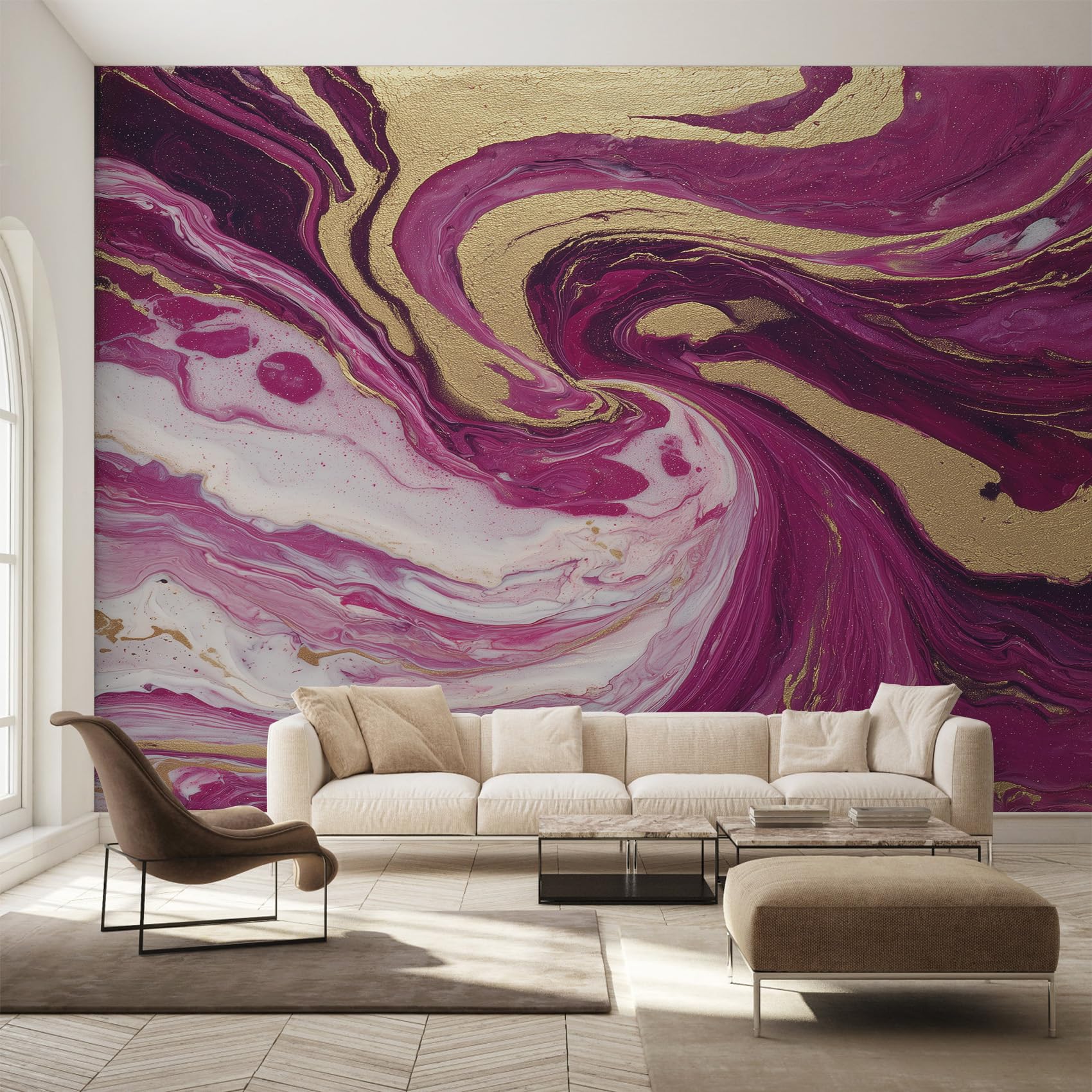 Papier peint intissé marbre rose doré pour masquer les défauts d'un mur