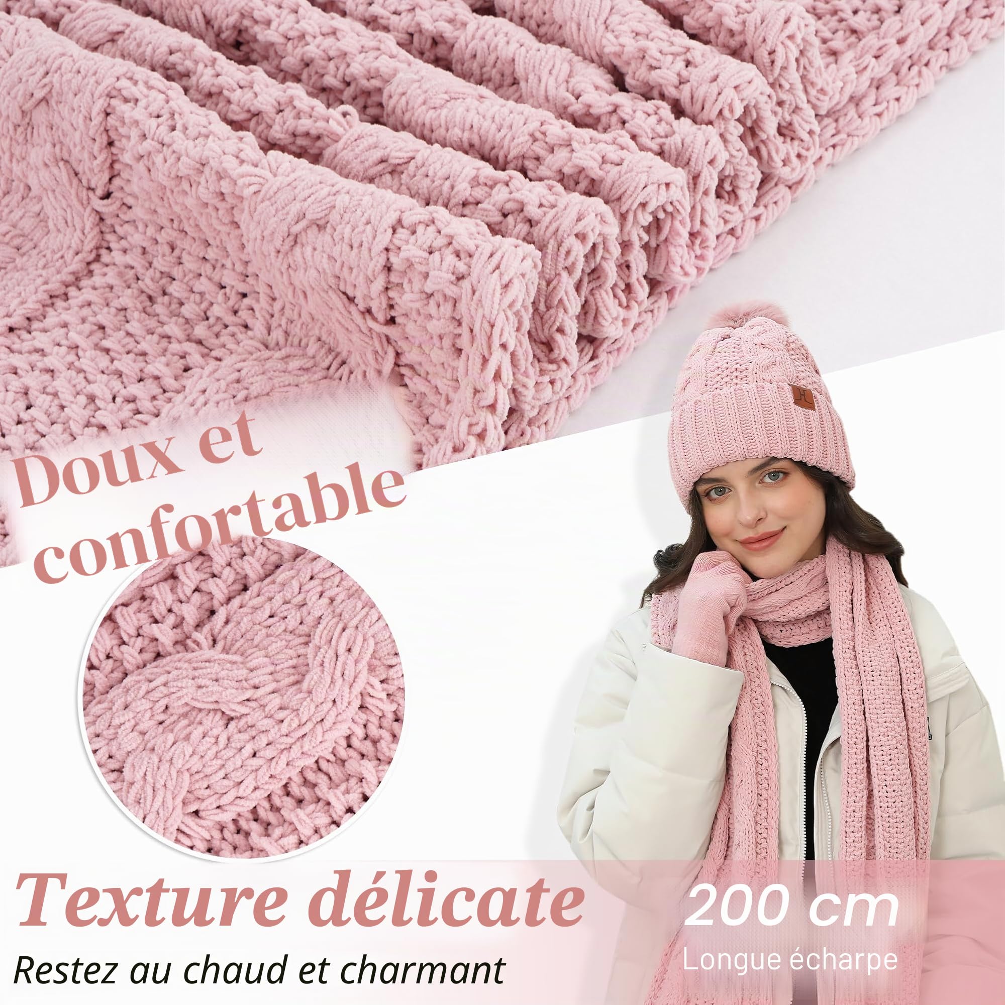 ZASFOU Femme Hiver Bonnet Chapeau Foulard Écran Tactile Gants Ensemble Chenille Pompon Tricot Polaire Doublé Casquette Écharpe Gant Cadeaux pour Femmes