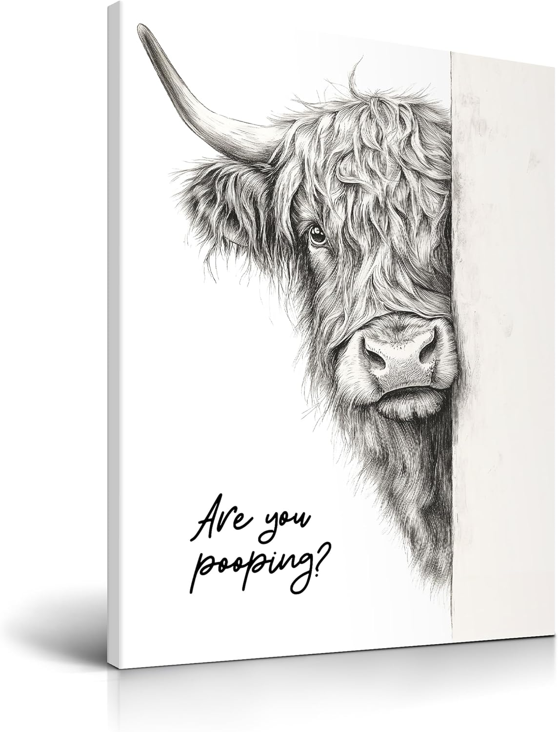 HesenDot Highland Cow Bathroom Wall Art, Funny Are You Pooping Canvas Print, 40x60cm Black and White Animal Picture, Rustic Farmhouse Wall Décor for Bathroom Toilet Restroom Nursery, Set of 1